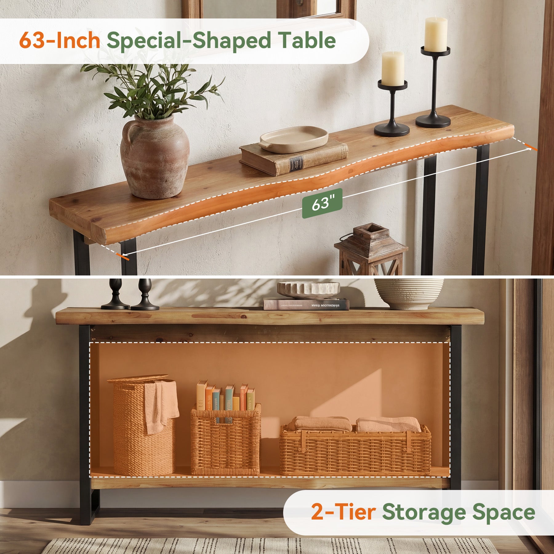 63" Solid Wood Live-Edge Console Table with Metal Legs – Narrow Farmhouse Sofa Table