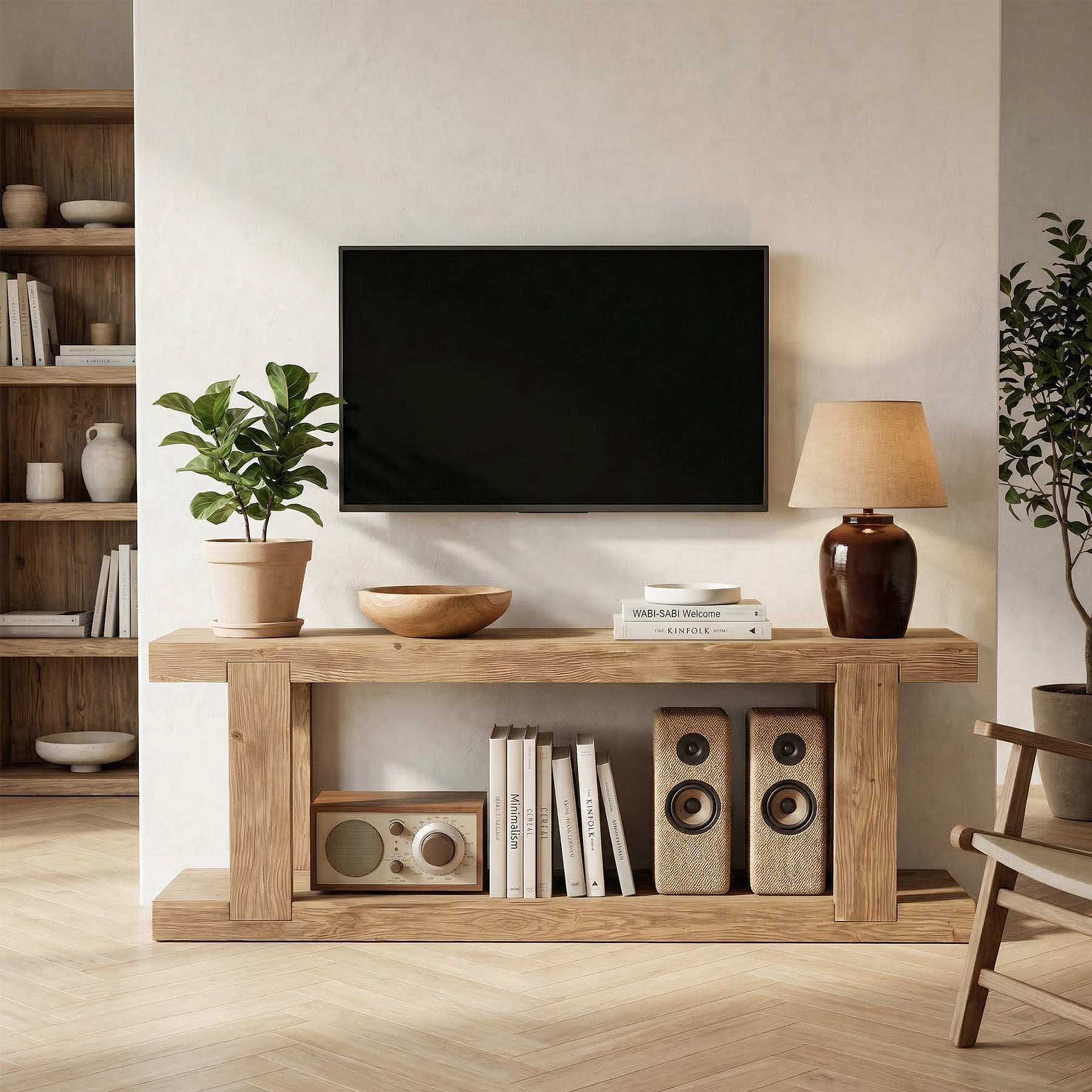 Solid Wood TV Stand for up to 65" TVs, Rustic Media Console Table with Open Storage Space