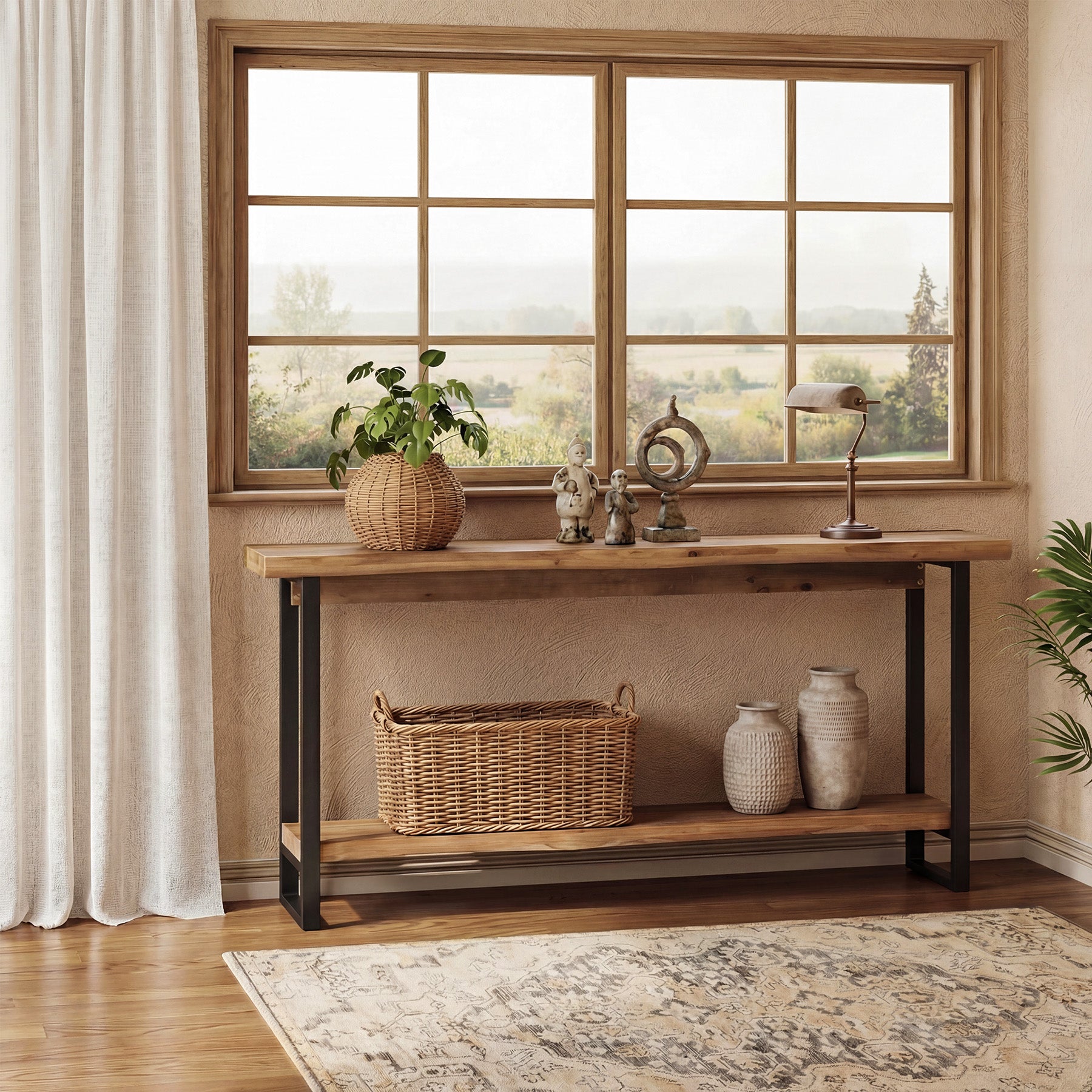 63" Solid Wood Live-Edge Console Table with Metal Legs – Narrow Farmhouse Sofa Table