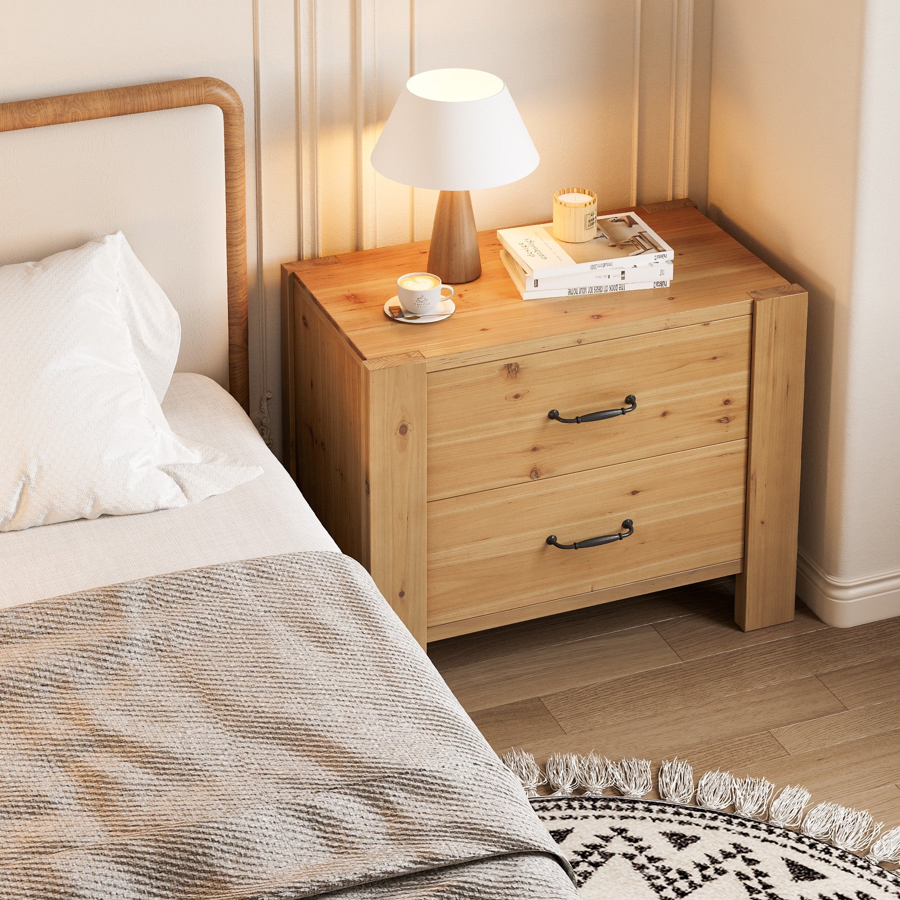 Solid Wood Nightstand, Oversize Bedside Table with 2 Drawers