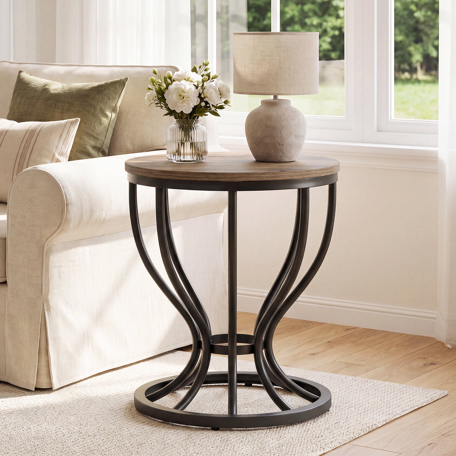 19.6" Round Side Table, Industrial End Table with Curved Metal Frame for Living Room