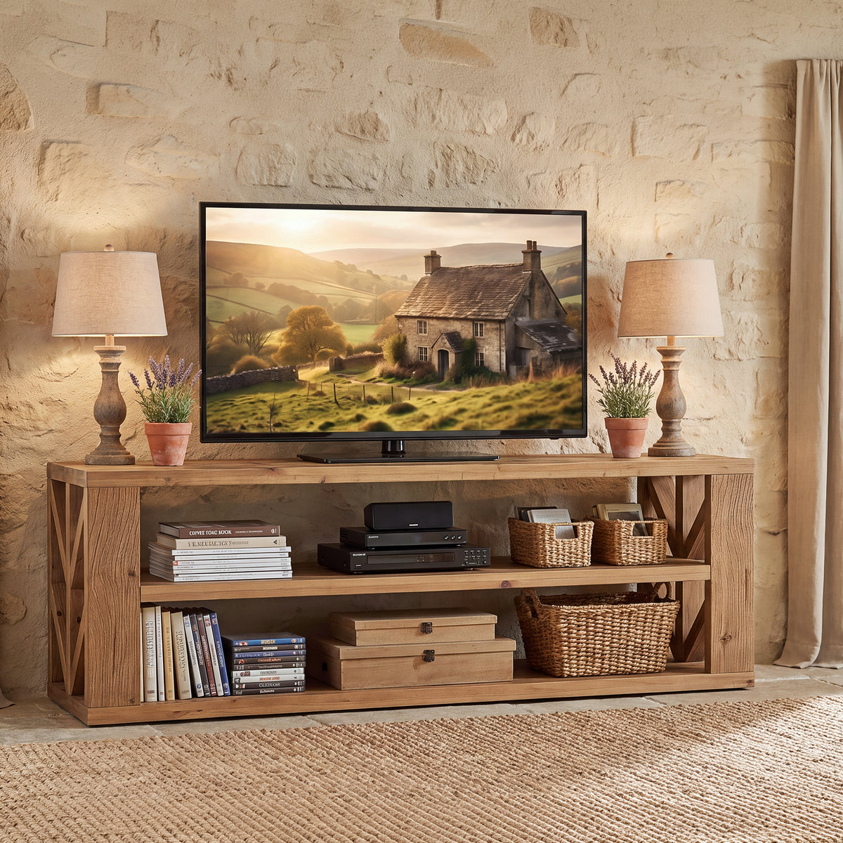 3-Tier Solid Wood TV Stand for TVs up to 55", Entertainment Center with Open Shelf for Living Room