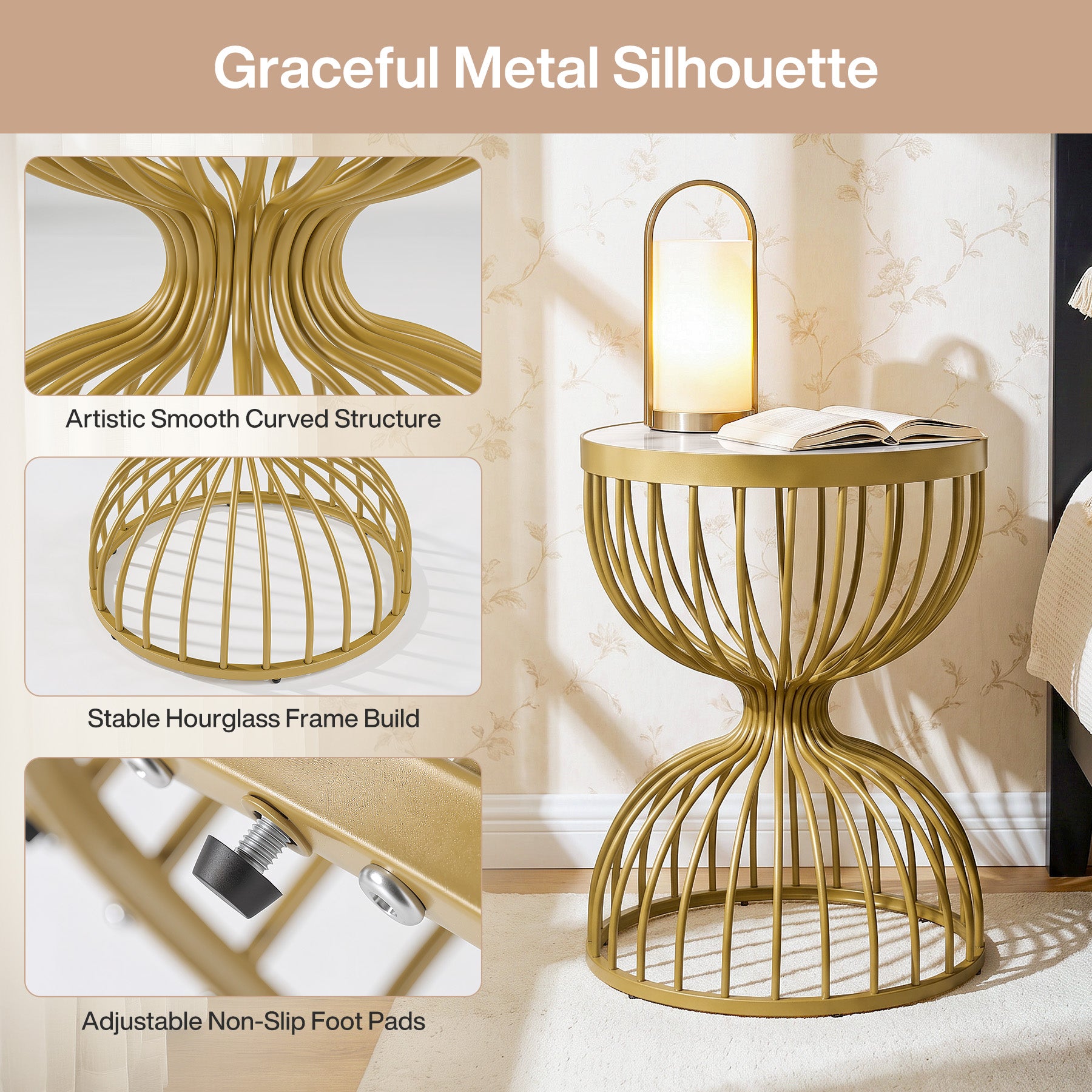 Hourglass Round End Table, Modern Accent Side Table with Faux Marble Top & Metal Frame