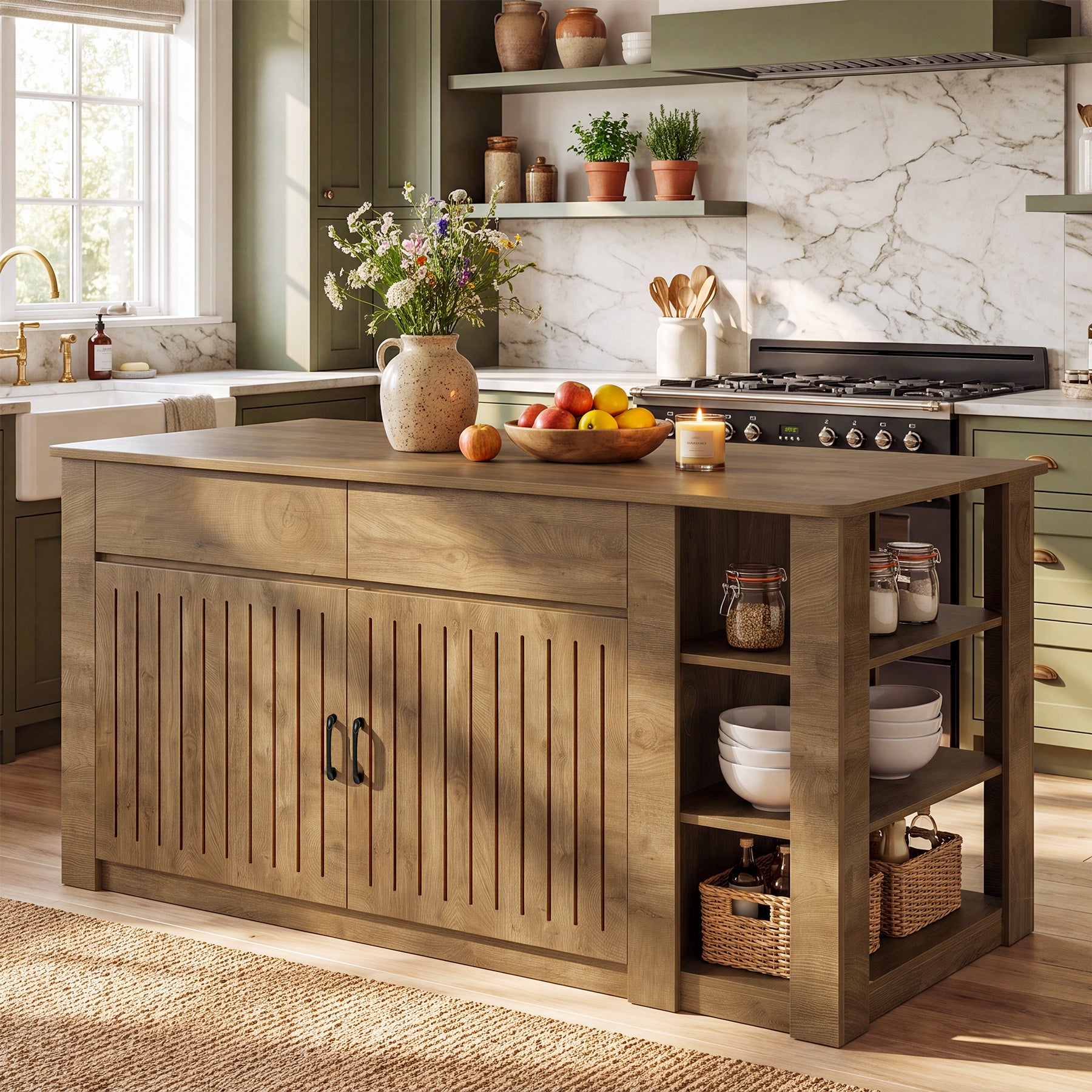 71" Large Kitchen Island with Storage & Seating, Farmhouse Island Table, Prep & Coffee Bar