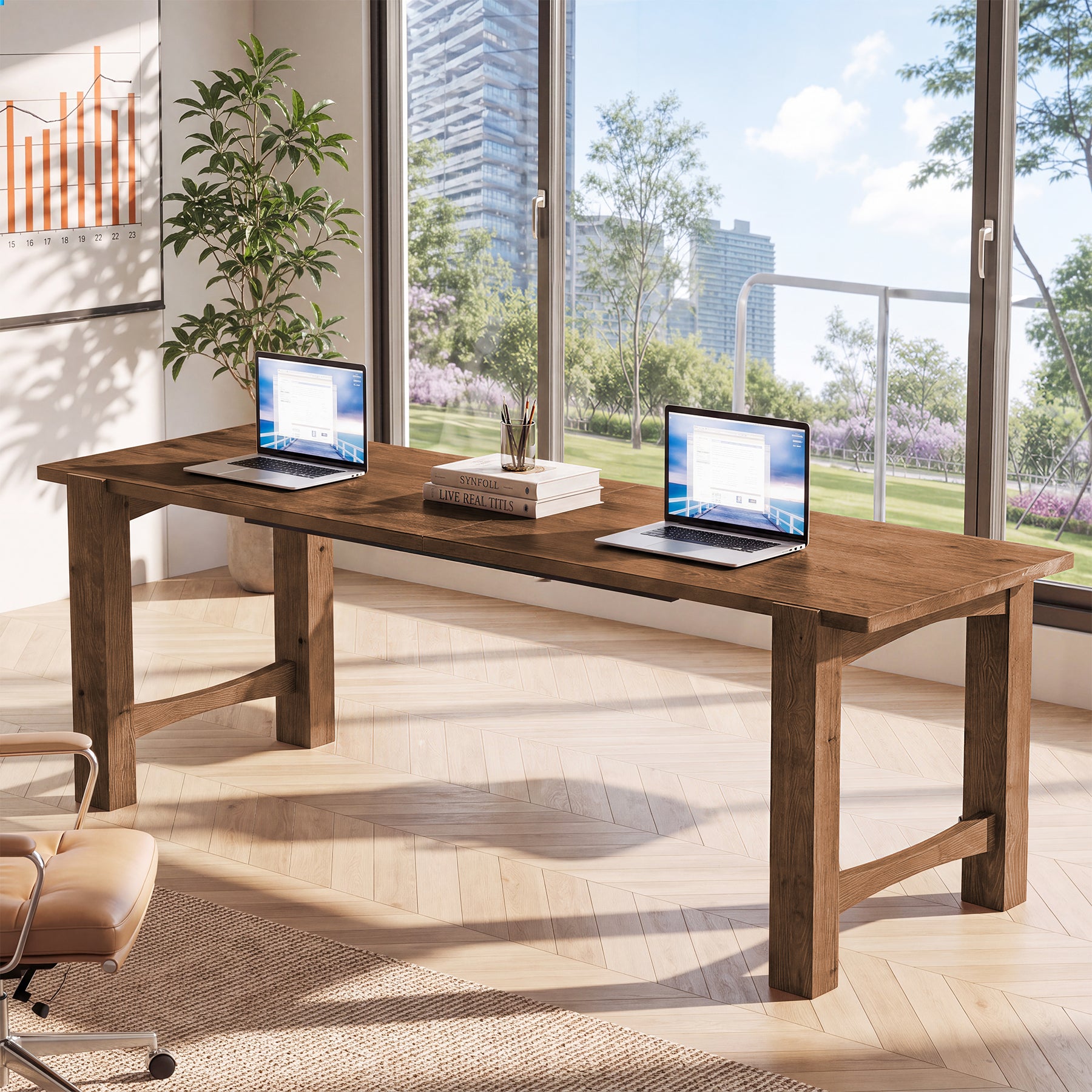 79" Extra Long 2 Person Desk, Farmhouse Solid Wood Computer Desk, Thick Legs, Home Office