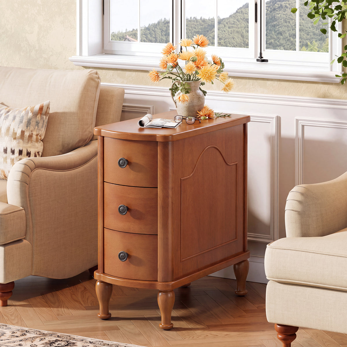 25.78 Inch Solid Wood End Table with 3 Drawers, Vintage Narrow Side Table
