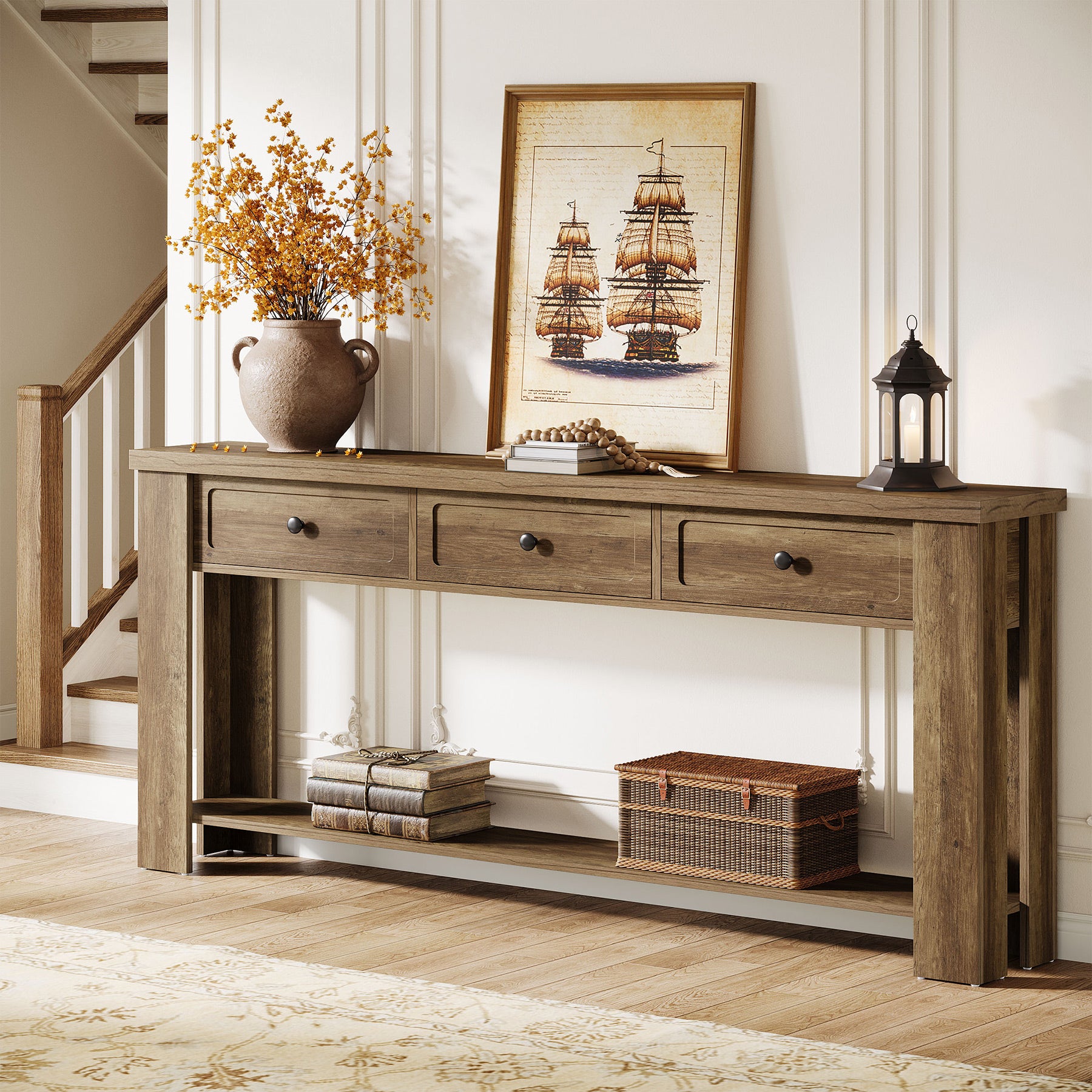70.9" Extra-Long Console Table with 3 Drawers, Narrow Farmhouse Entryway Sofa Table with Shelf for Hallway or Behind Couch