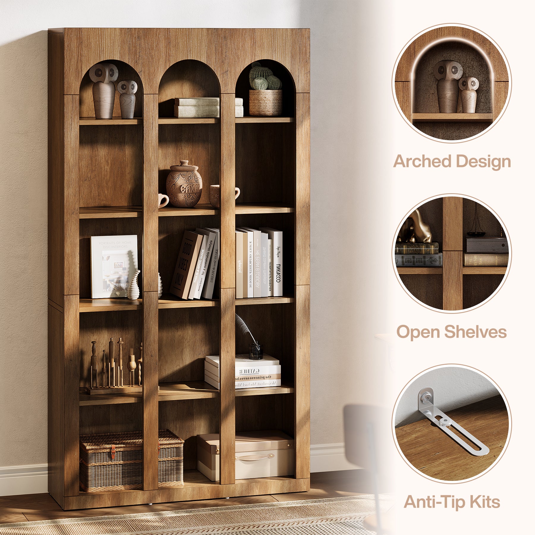 70.8" Arched 5-Tier Bookshelf with Open Shelves, Vintage Farmhouse Style Tall Display Bookcase