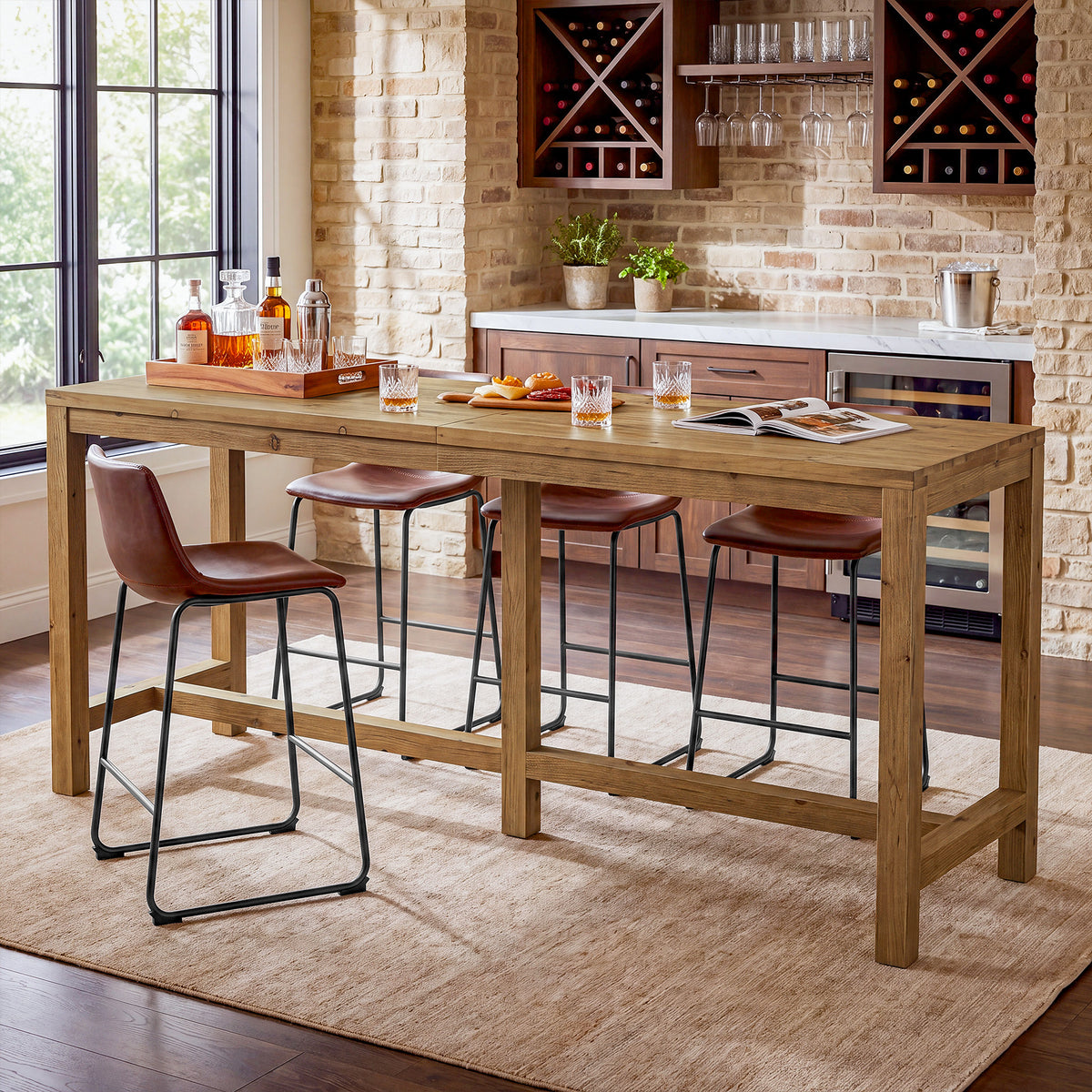 70.9" Solid Wood Bar Table for 6-8 People, Narrow Counter Height Pub Table with Footrest