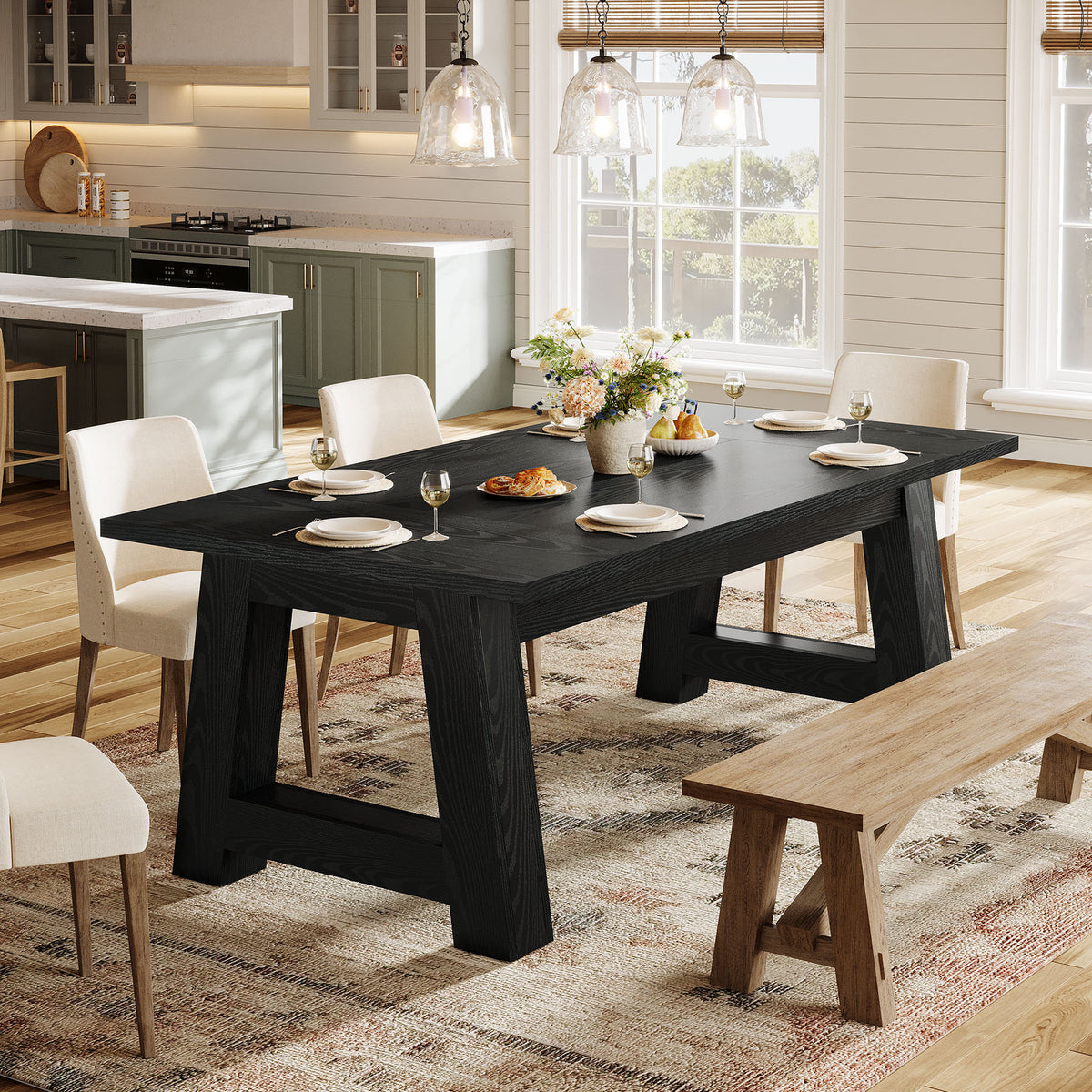 62.6" Dining Table for 4-6, Farmhouse Kitchen Table with Sturdy Legs