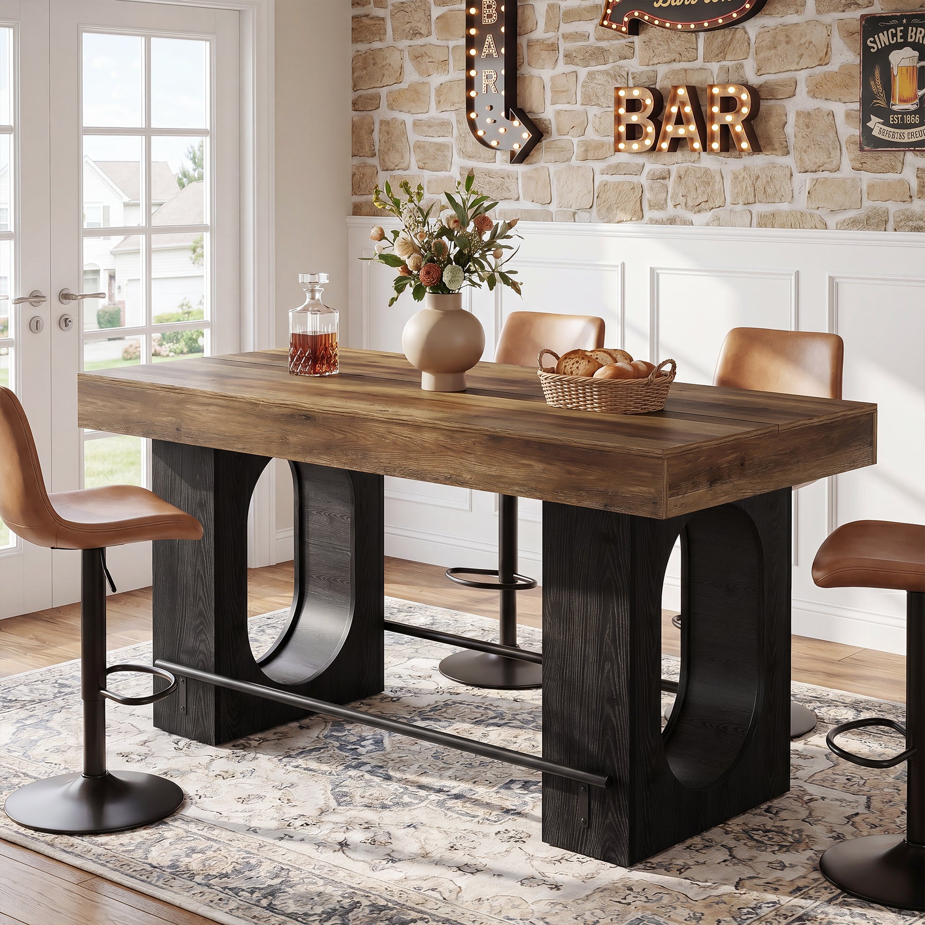 63" Bar Table, Industrial Counter Height Pub Table with Metal Footrest for Kitchen