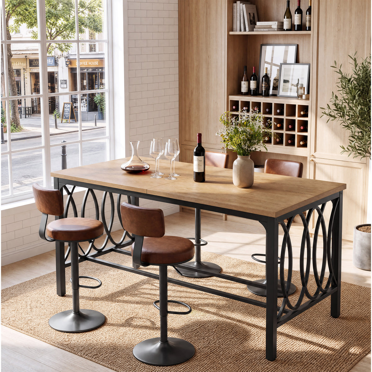 63" Industrial Bar Height Dining Table, Metal Footrest & Decorative Frame, Rectangular Pub Table(Only Table)