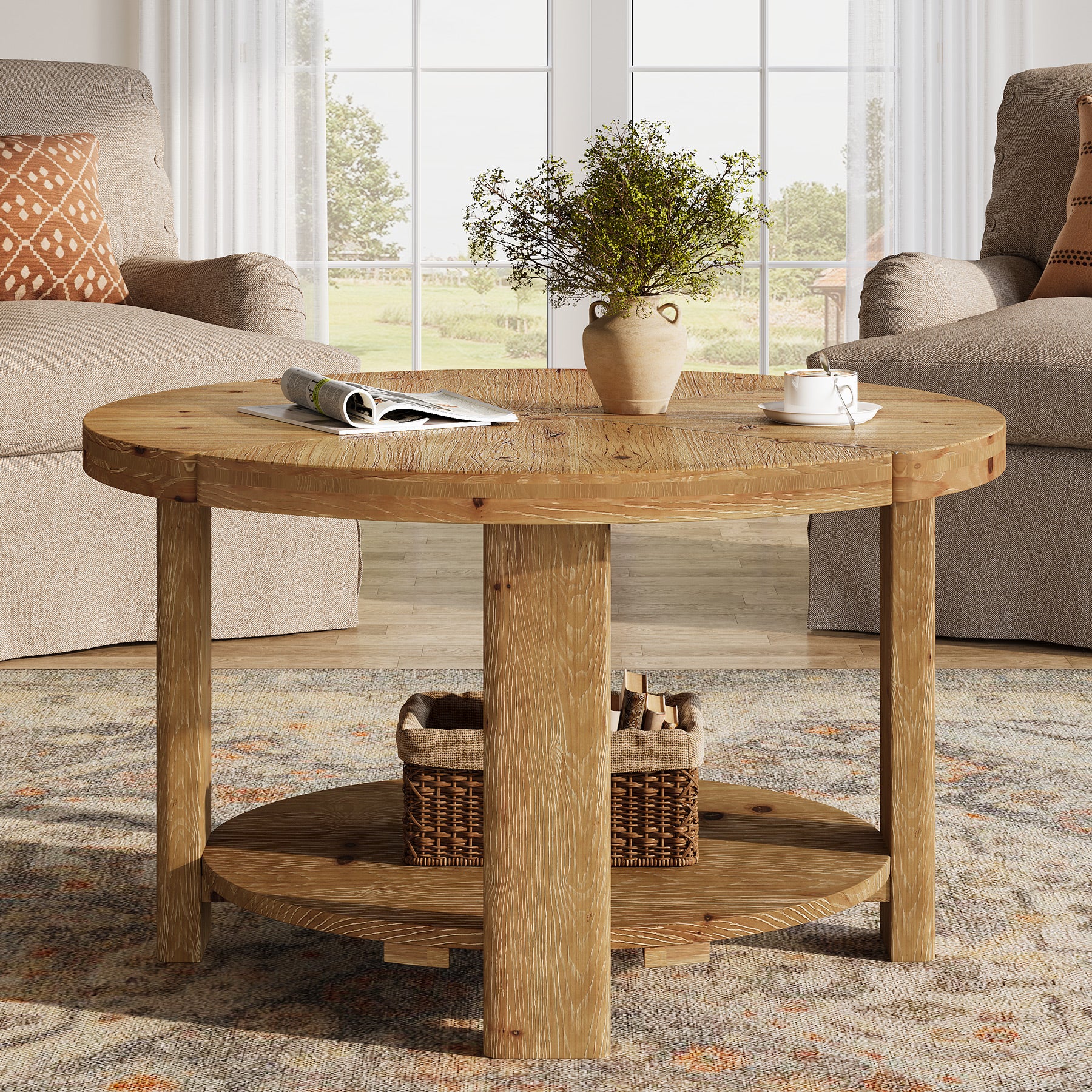 31.5" Solid Wood Coffee Table, Round Center Table with 2-Tier Storage