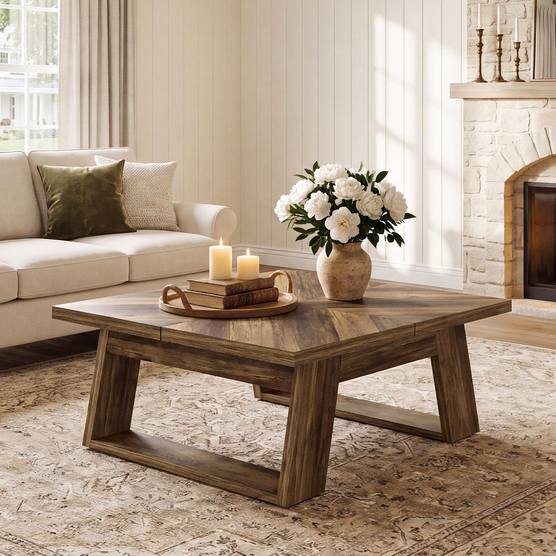 39.4" Square Coffee Table, Sturdy Center Table with Geometric Wood Grain