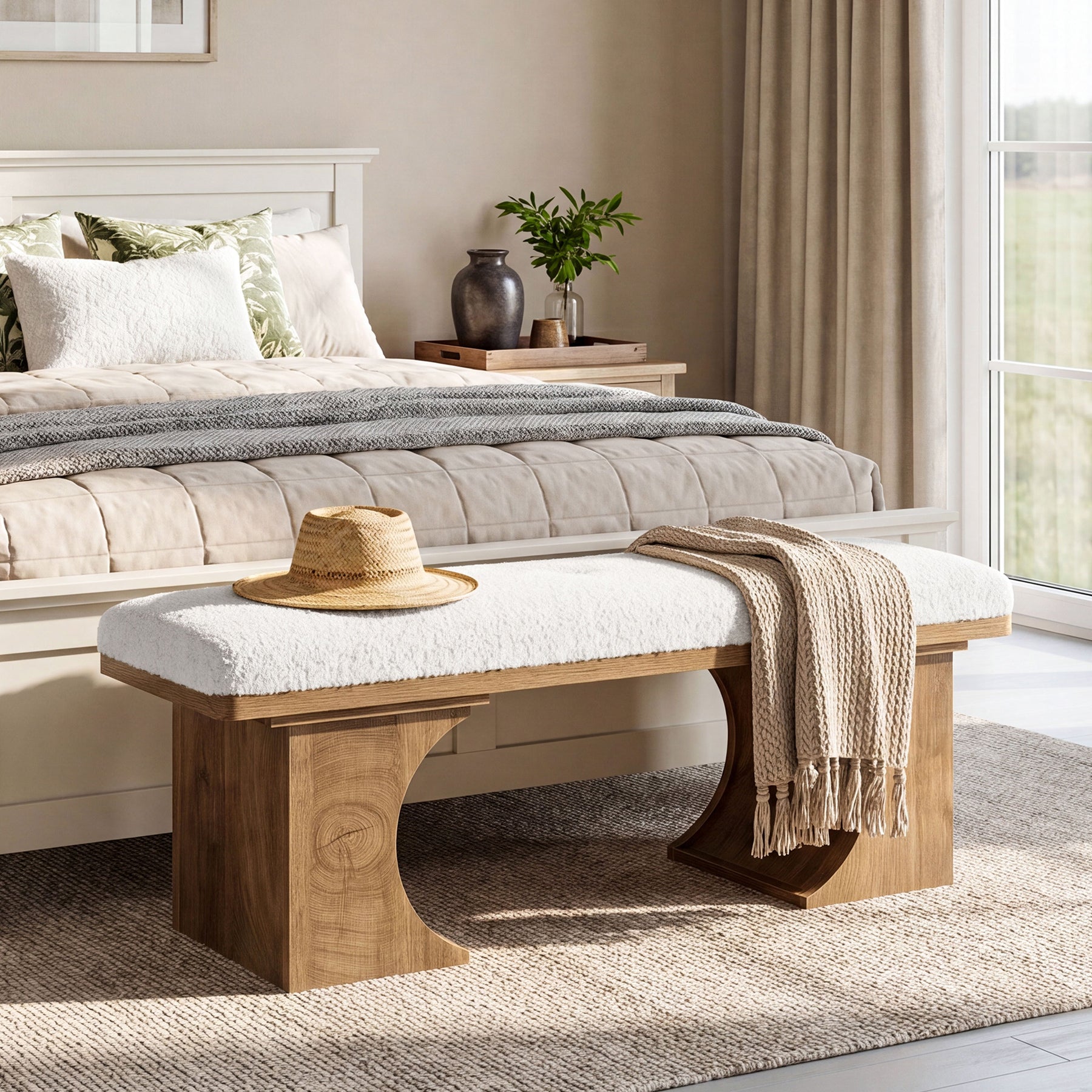 Tribesigns 47.24-Inch Upholstered Entryway Bench with Soft Cushion and Curved Wooden Legs, Modern Rustic Shoe Bench for Hallway and Living Room