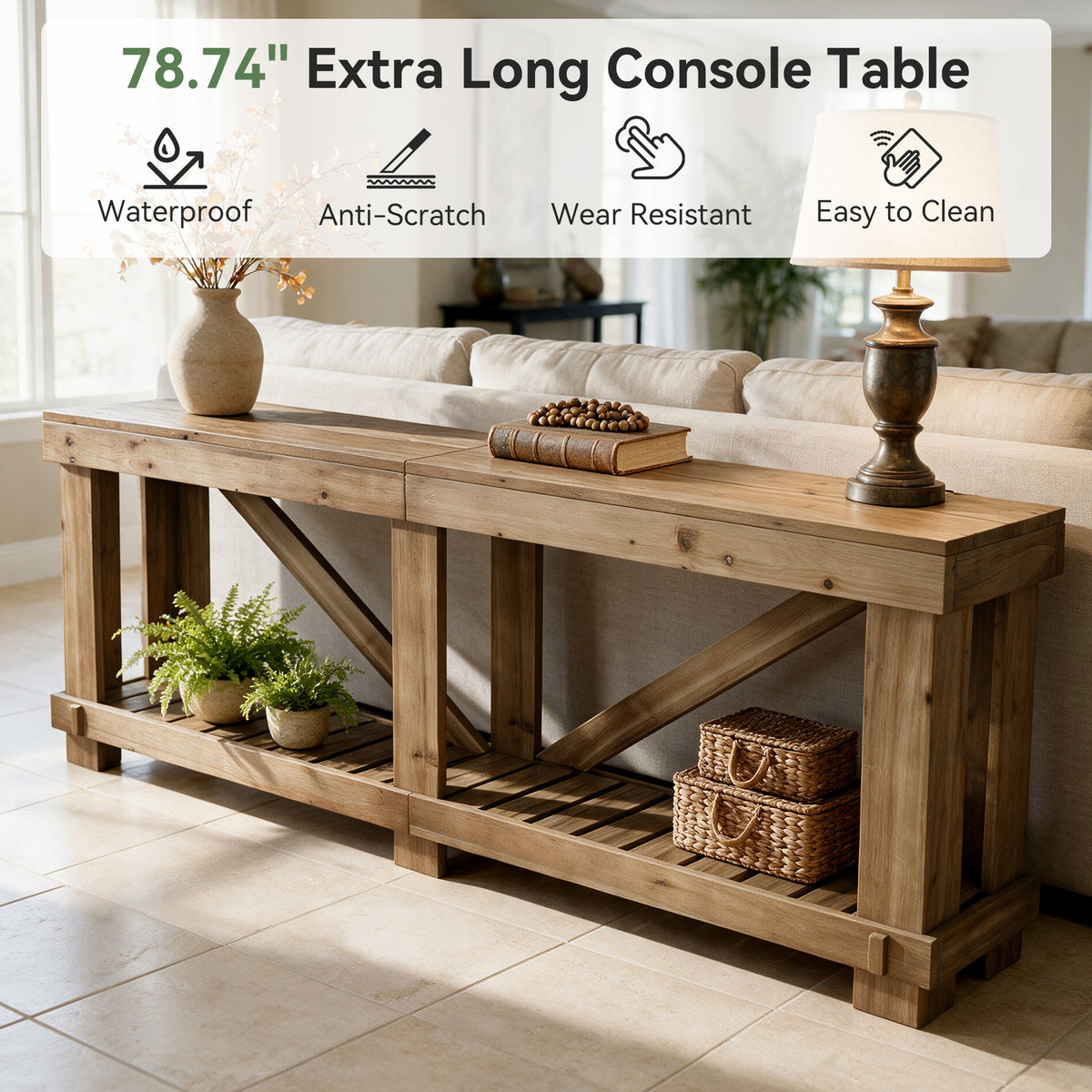 79" Solid Wood Console Table, Narrow Sofa Table with Open Slatted Shelf for Entryway