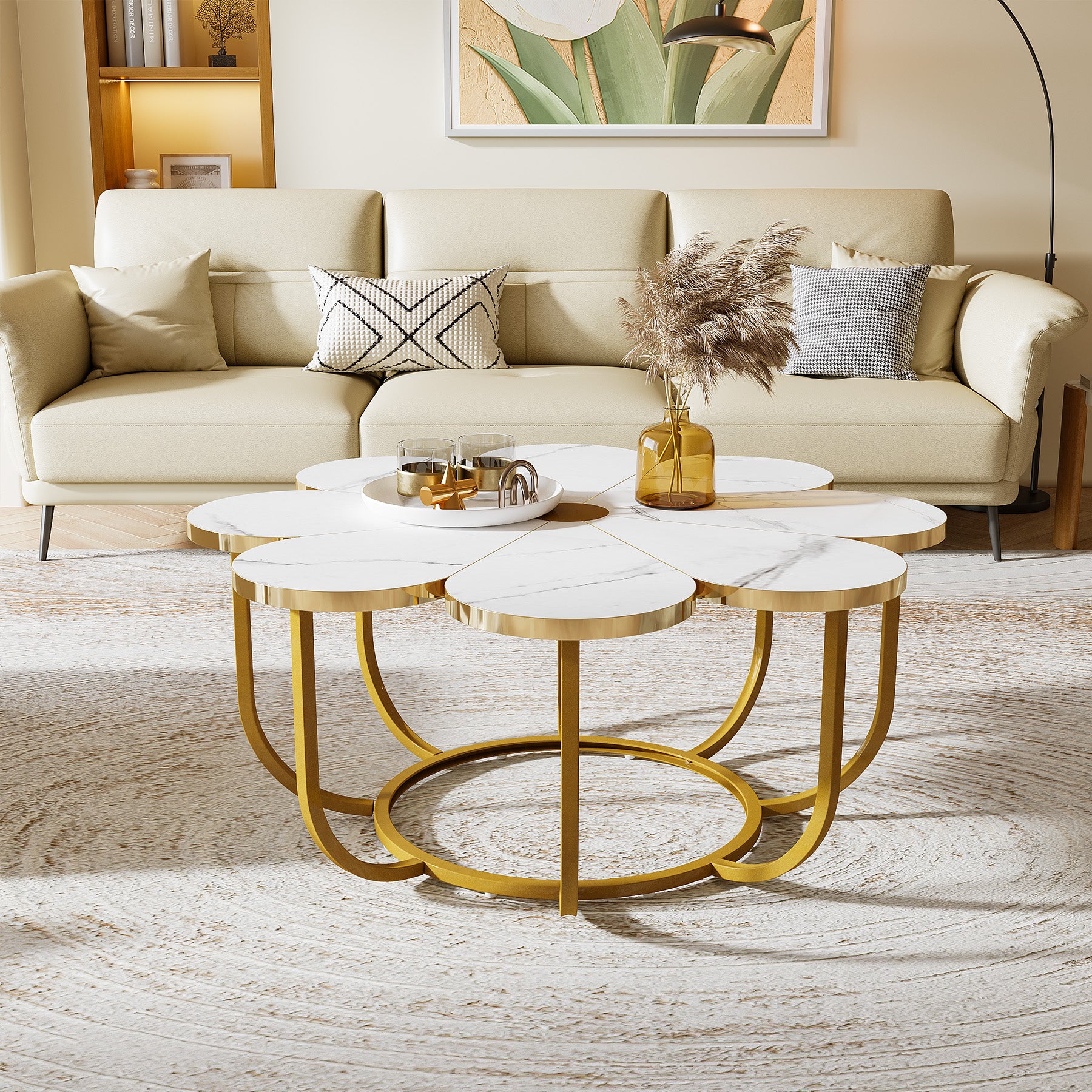 Modern Coffee Table, Flower-Shaped Center Table with Faux Marble Tabletop