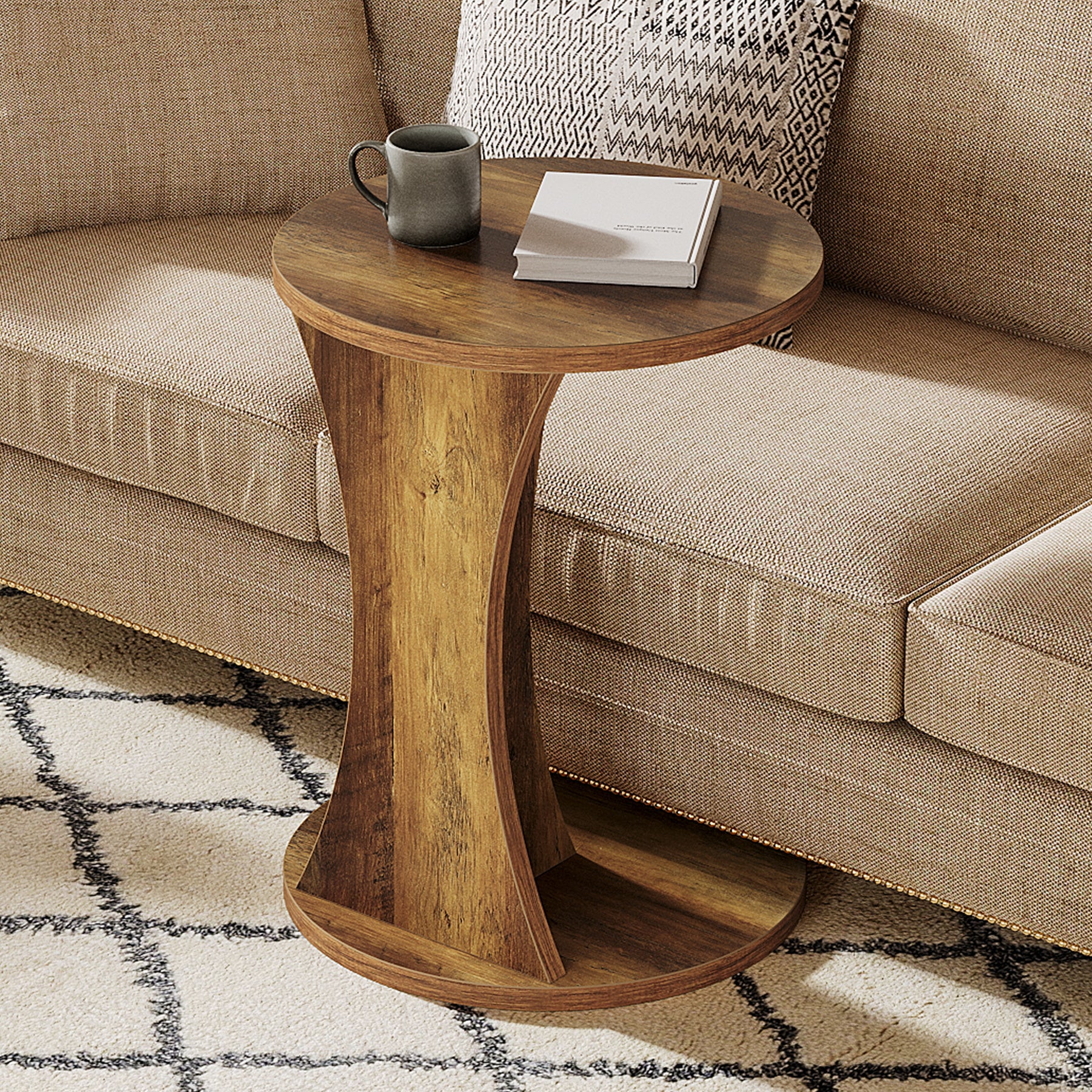 C-Shaped End Table, 2-Tier Round Side Table with Sturdy Base