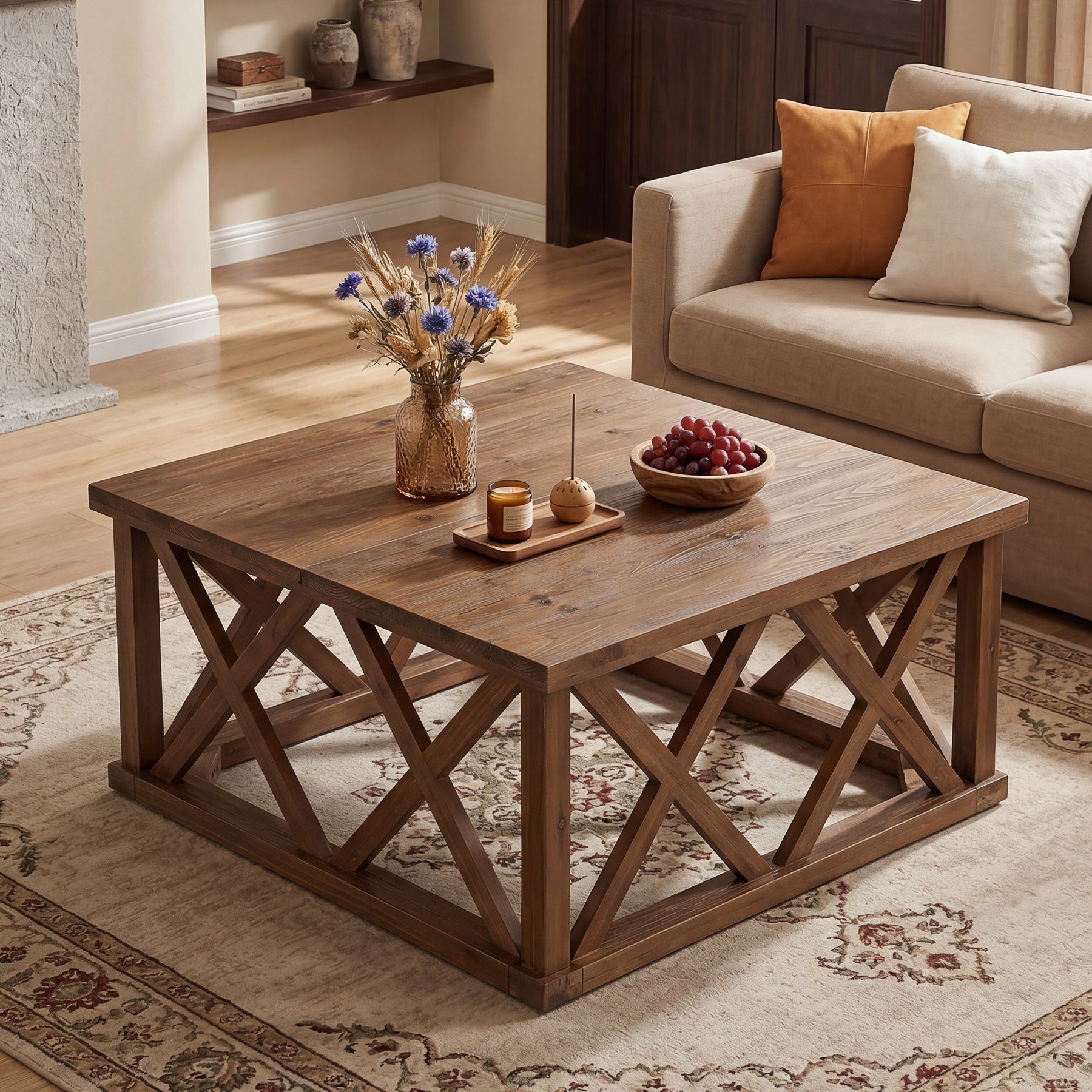Tribesigns 39.37" Solid Wood Coffee Table, Square Farmhouse Table for Living Room