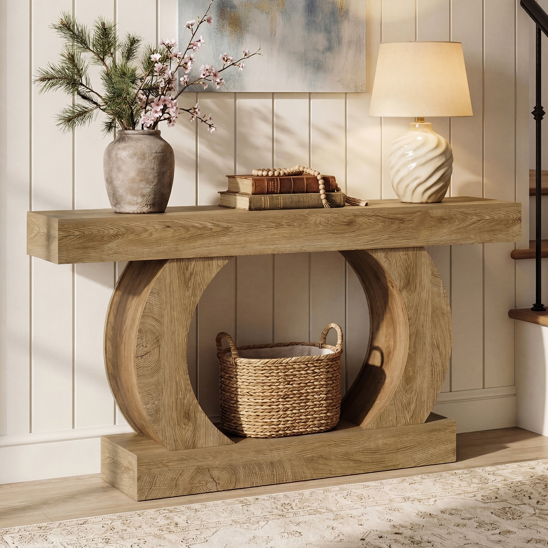 Farmhouse Console Table, 59" Entryway Table with Unique Circular Base for Hallway