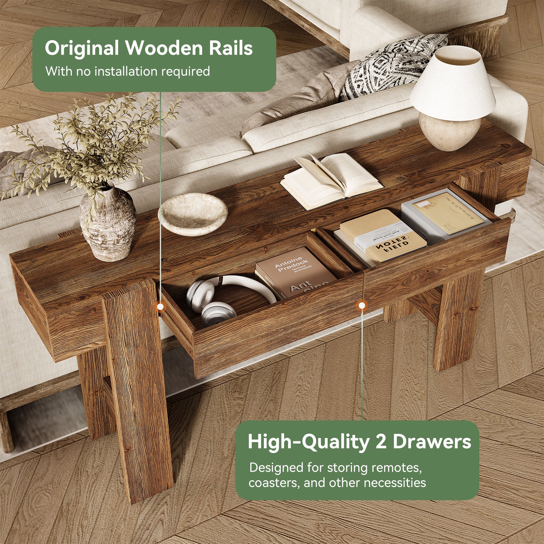 Solid Wood Console Table, 63" Long Entryway Table with 2 Drawers