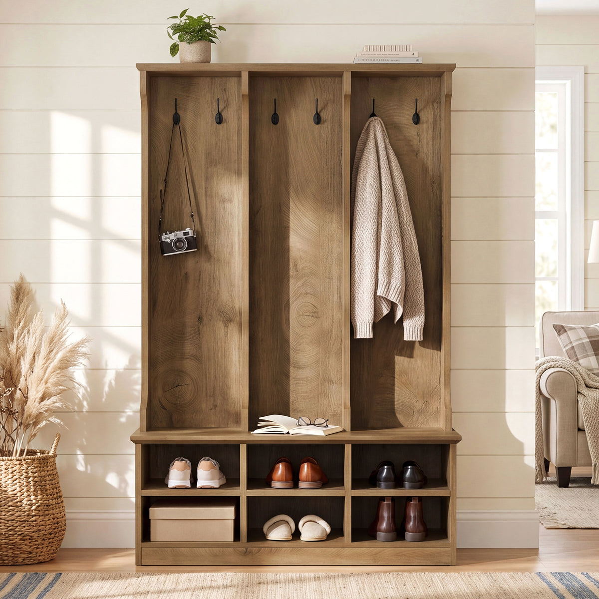3-in-1 Hall Tree with Shoe Bench and Storage, 70.9" Entryway Coat Rack with 6 Double Hooks