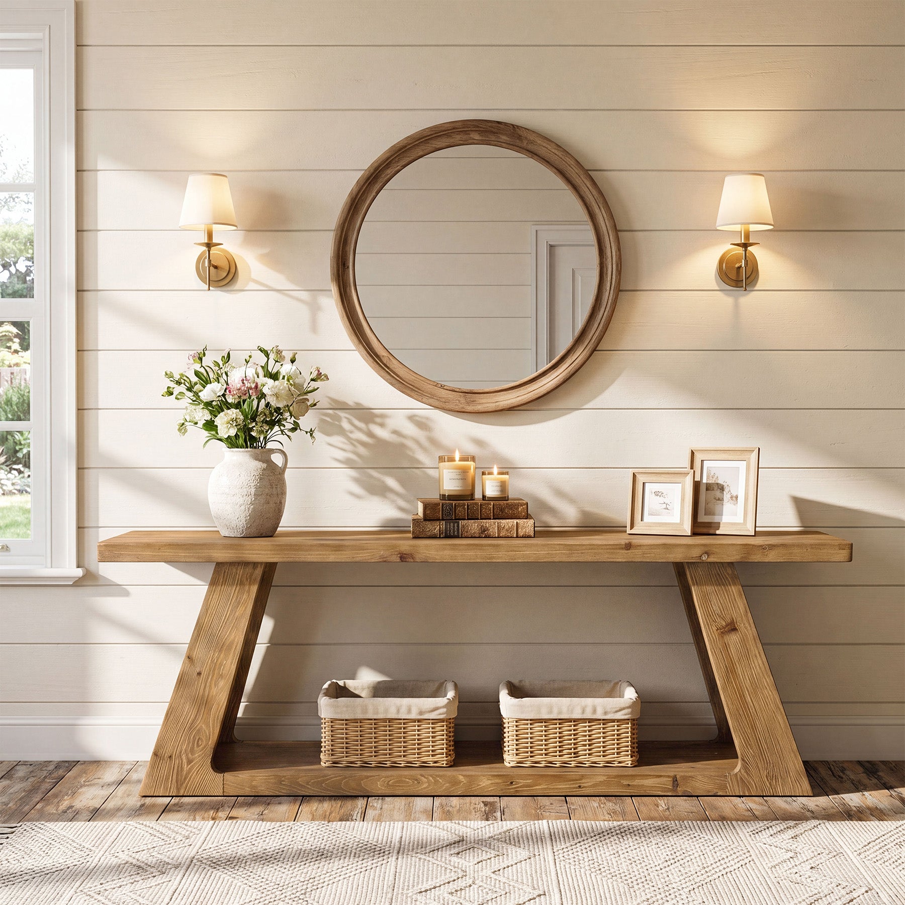 63" Solid Wood Console Table, Farmhouse Sofa Table with 2-Tier Open Shelf for Entryway
