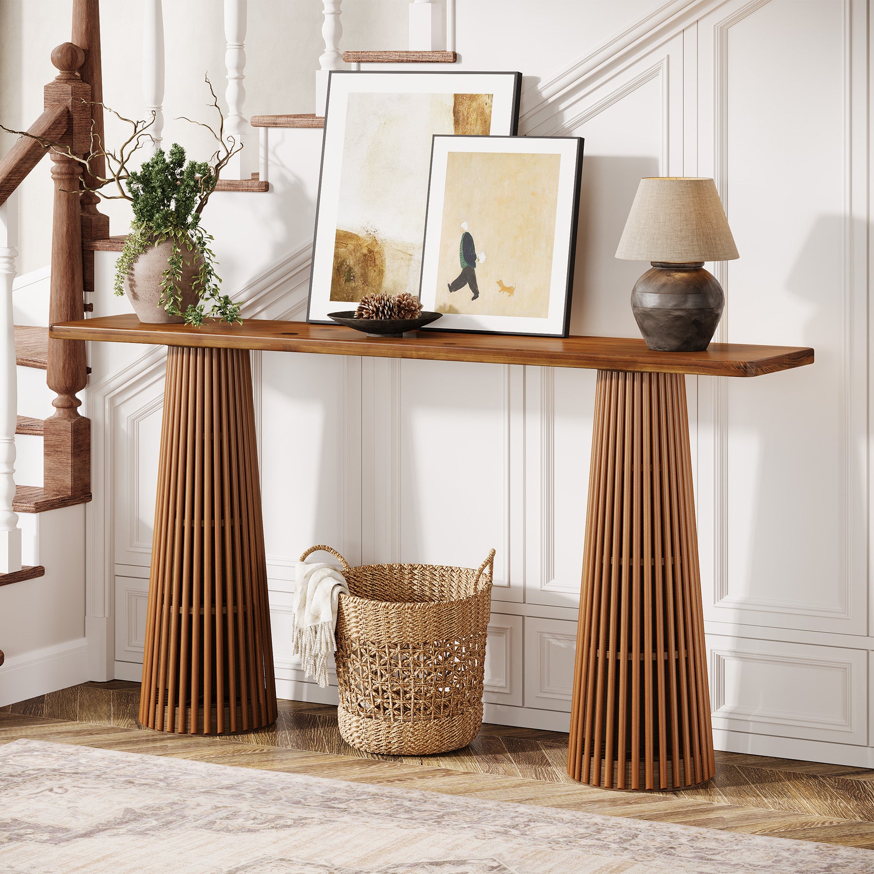 63" Console Table with Unique Base, Wooden Sofa Table Behind The Couch