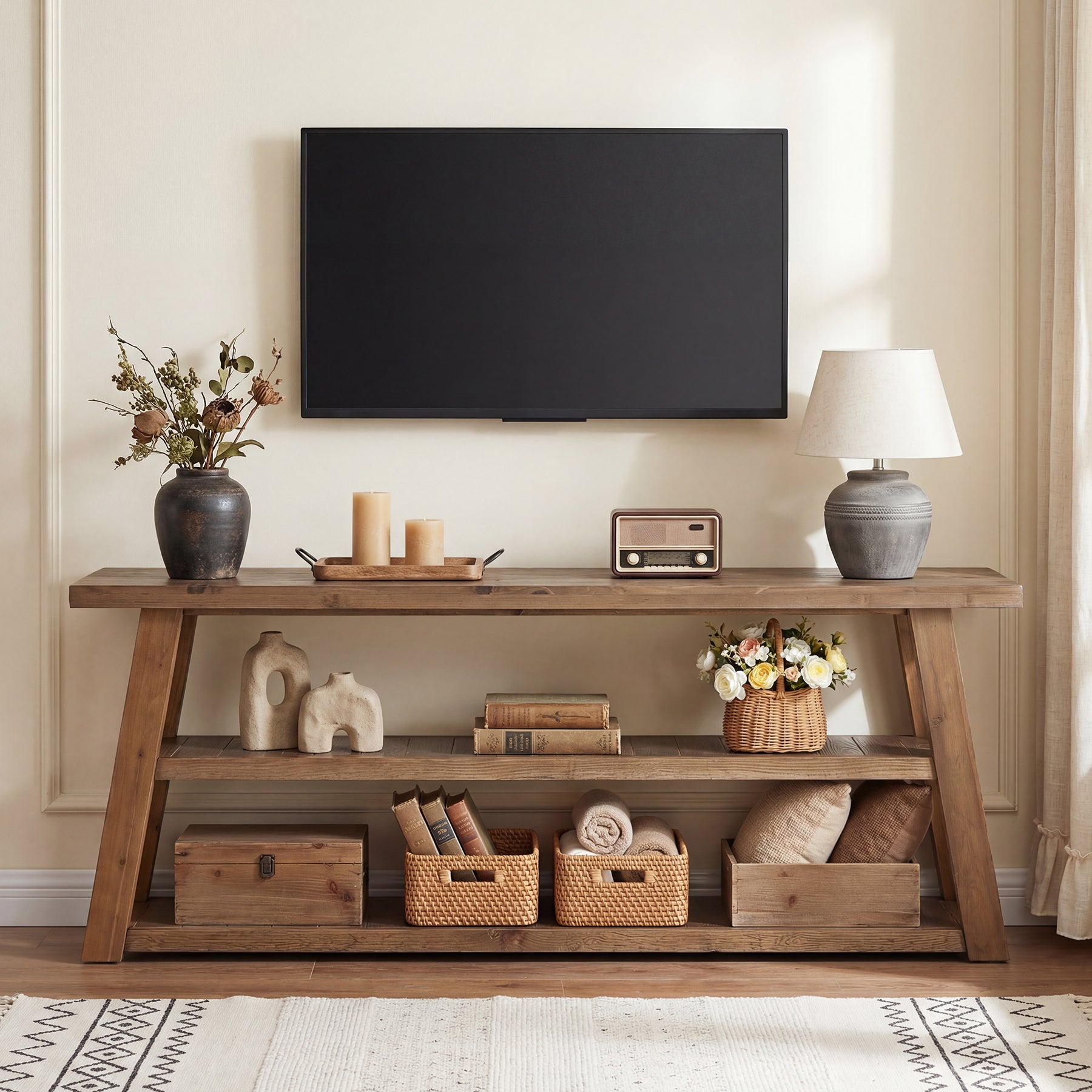 3-Tier Solid Wood TV Stand, 63" Entertainment Center with Open Shelves