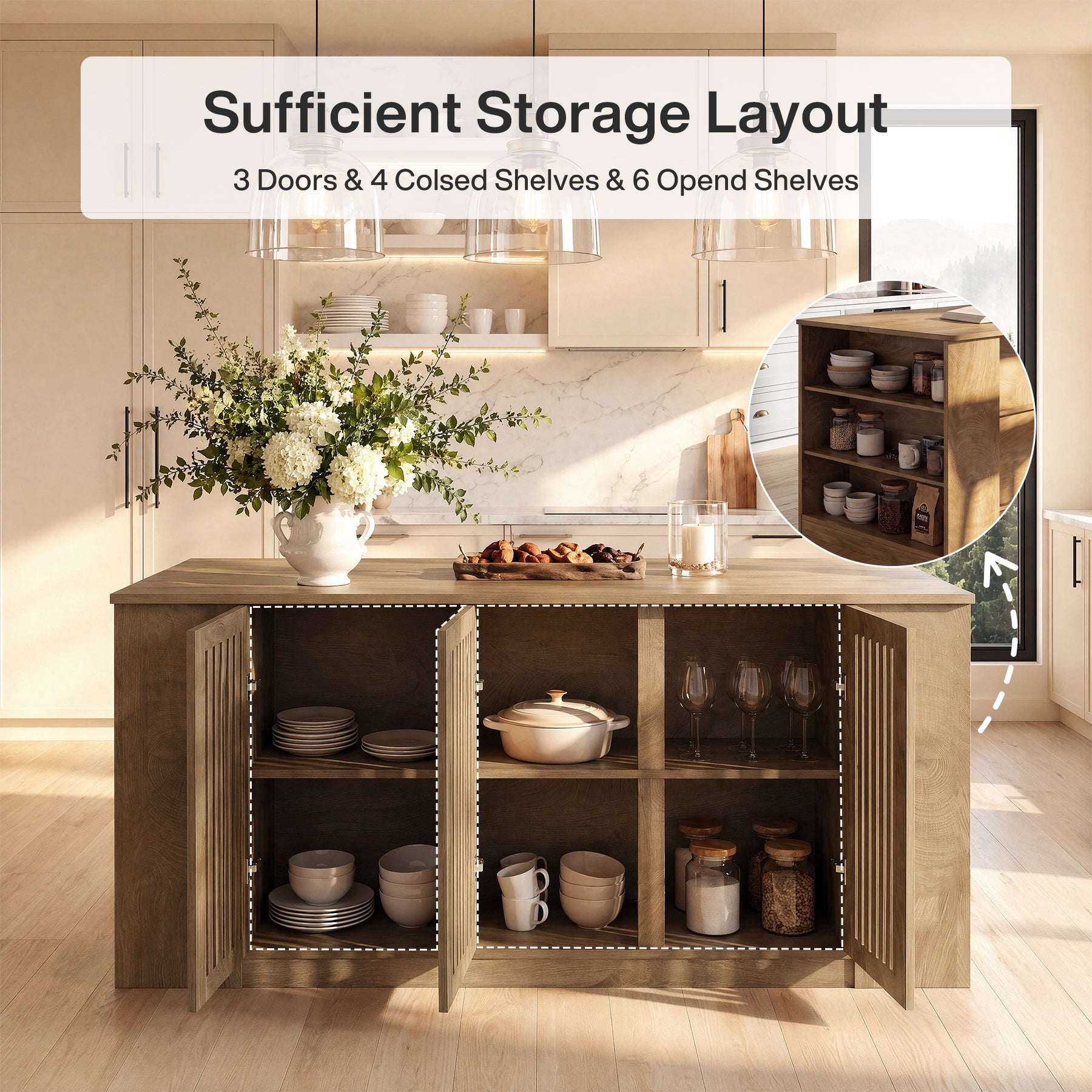 71" Kitchen Island with Slatted Doors Cabinet & 6 Open Shelves for Apartment & Home