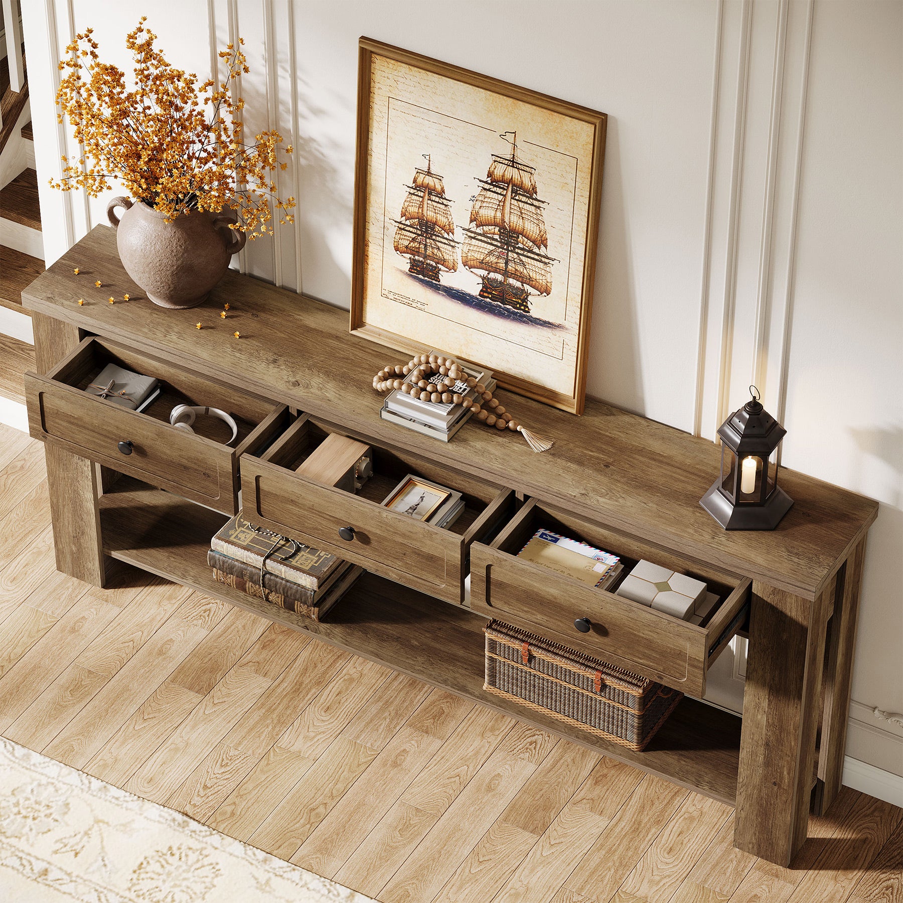 70.9" Extra-Long Console Table with 3 Drawers, Narrow Farmhouse Entryway Sofa Table with Shelf for Hallway or Behind Couch