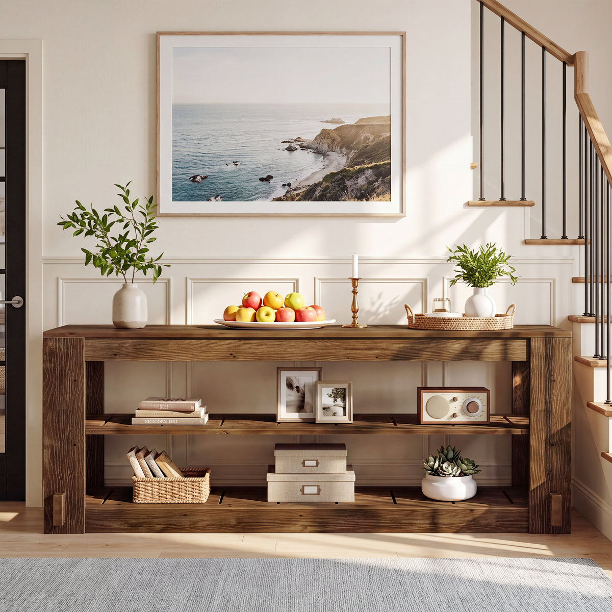 63" Solid Wood Console Table, Farmhouse Sofa Entryway Table with 3-Tier Storage Shelves