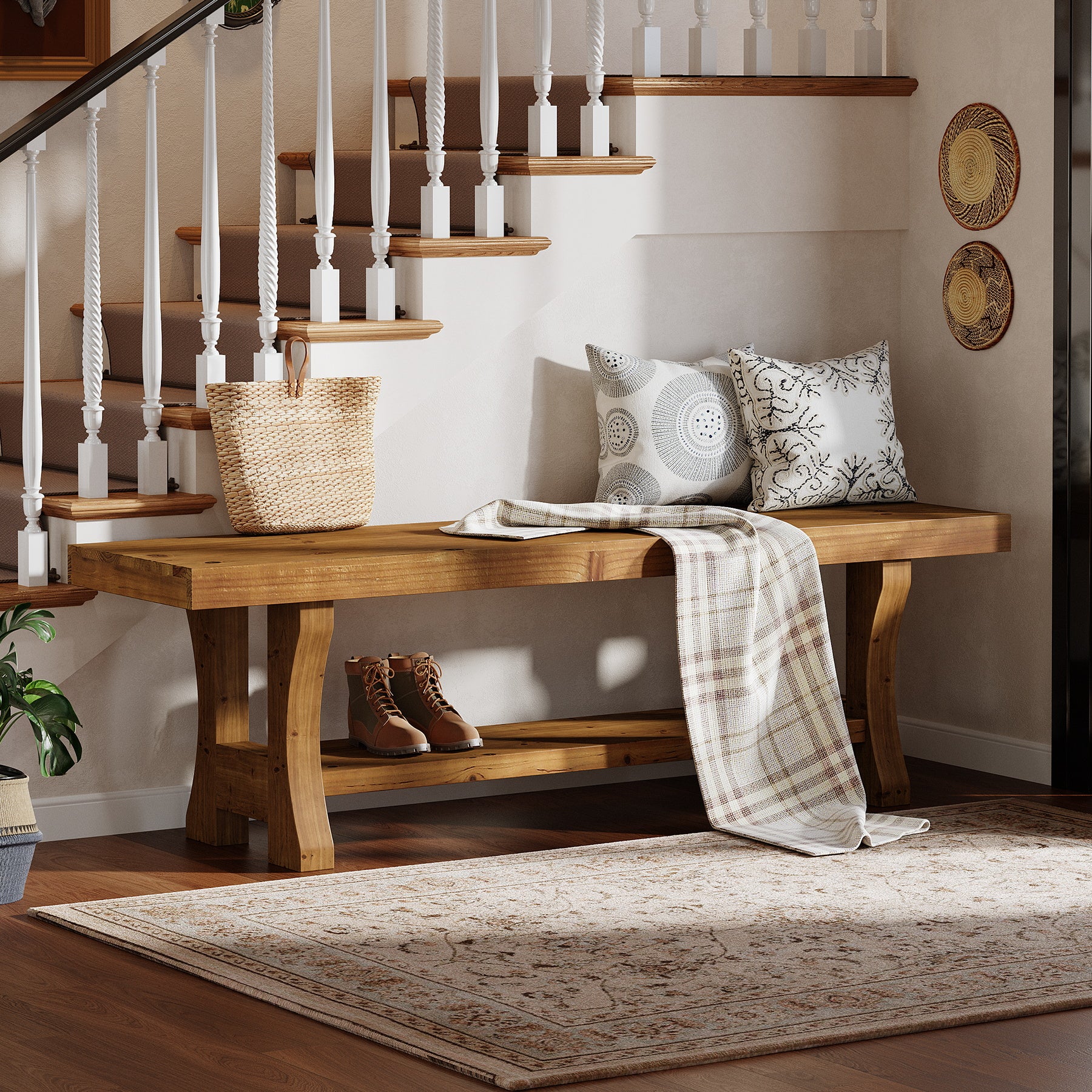 55" Entryway Bench, Solid Wood End of Bed Bench Dining Seat