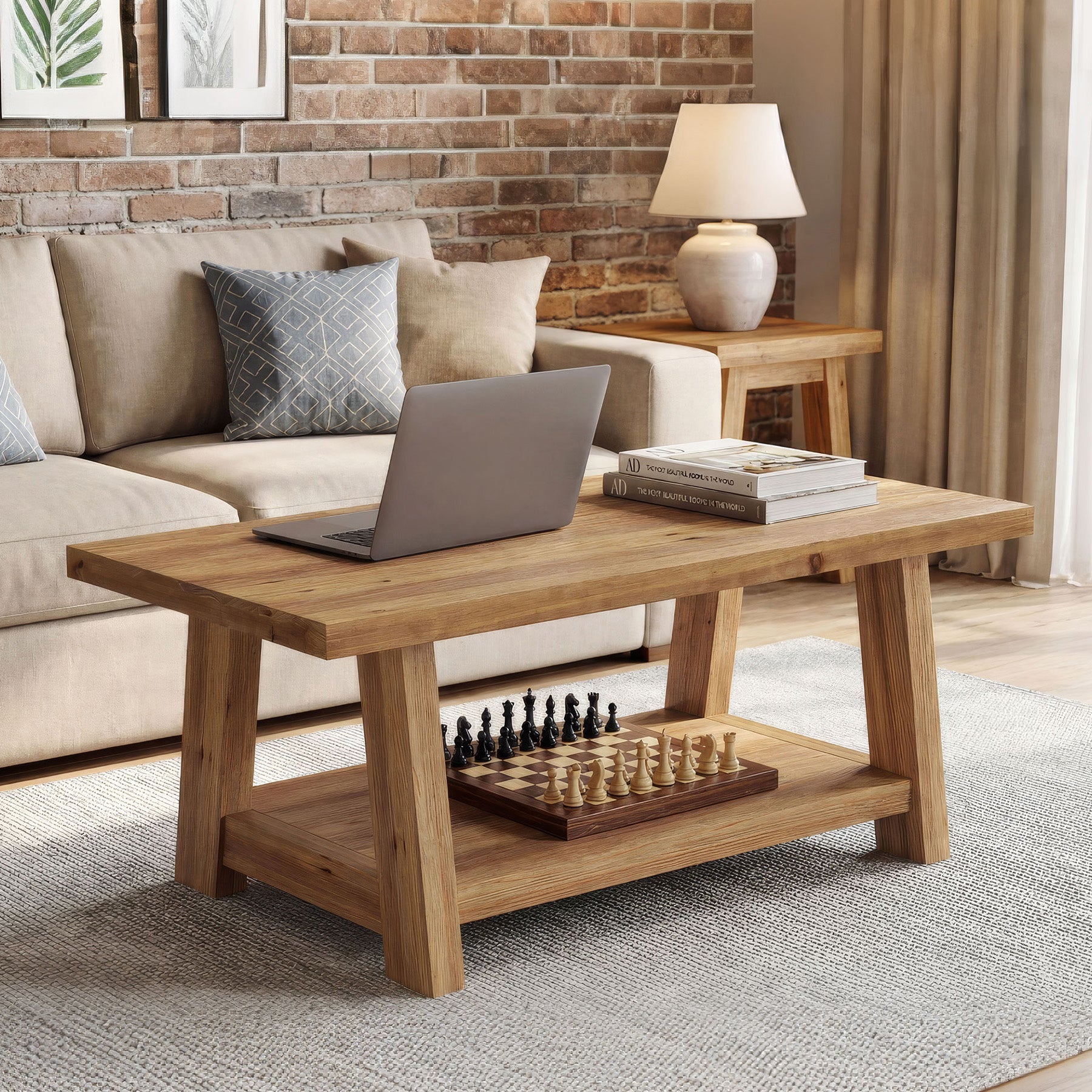 Solid Wood Coffee Table, 2-Tier Rectangle Center Table with Lower Storage Shelf