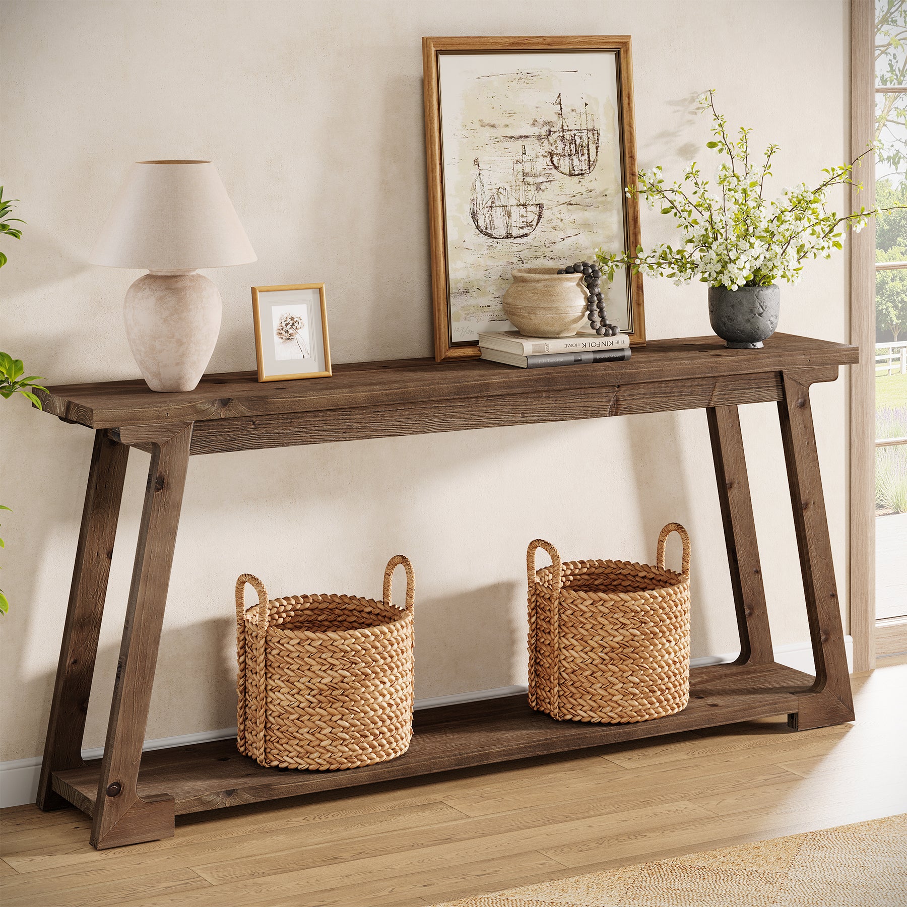 63" Console Table, Wood Sofa Table with 2-Tier Storage for Living Room