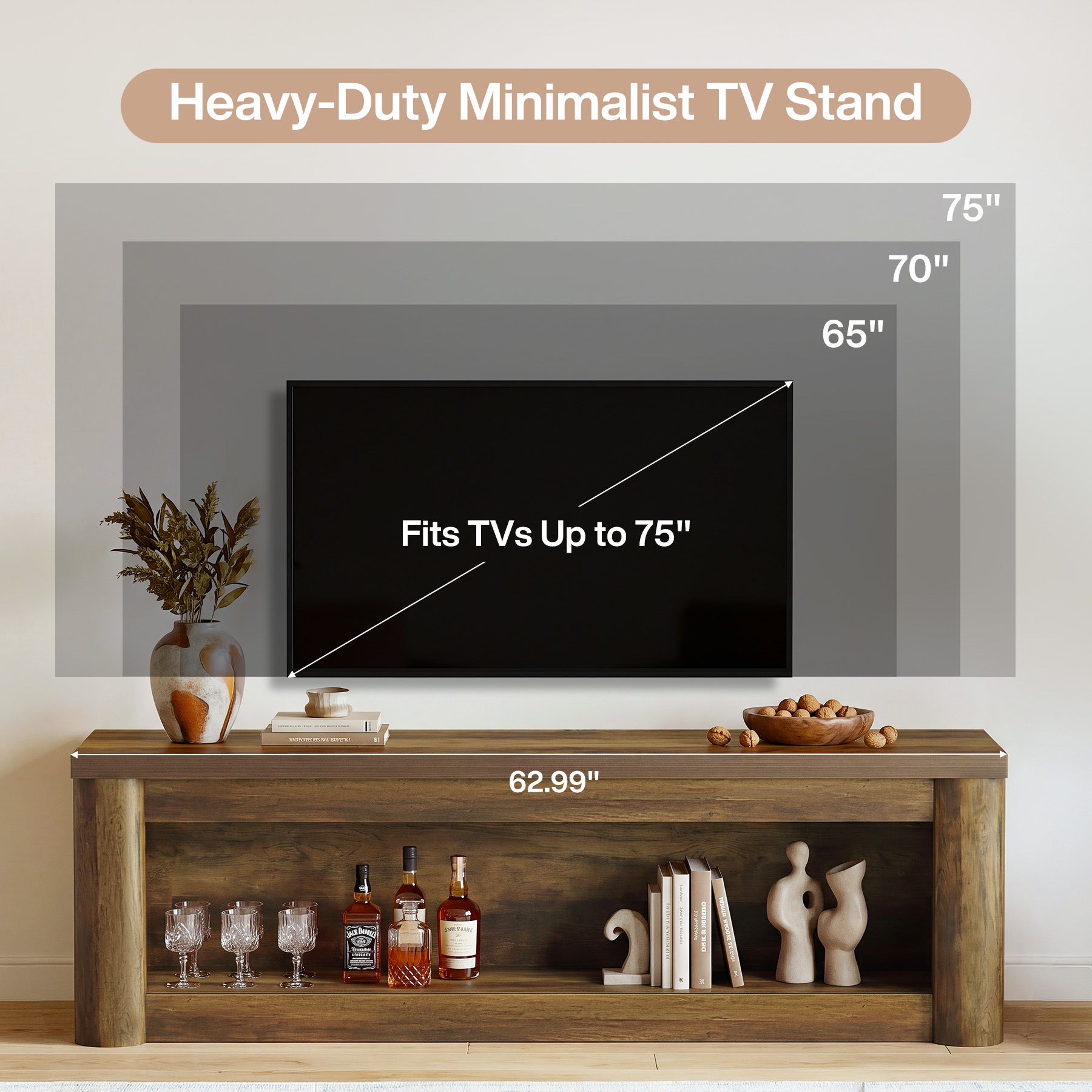 63" TV Stand for TVs up to 75", Entertainment Center with Open Storage for Living Room