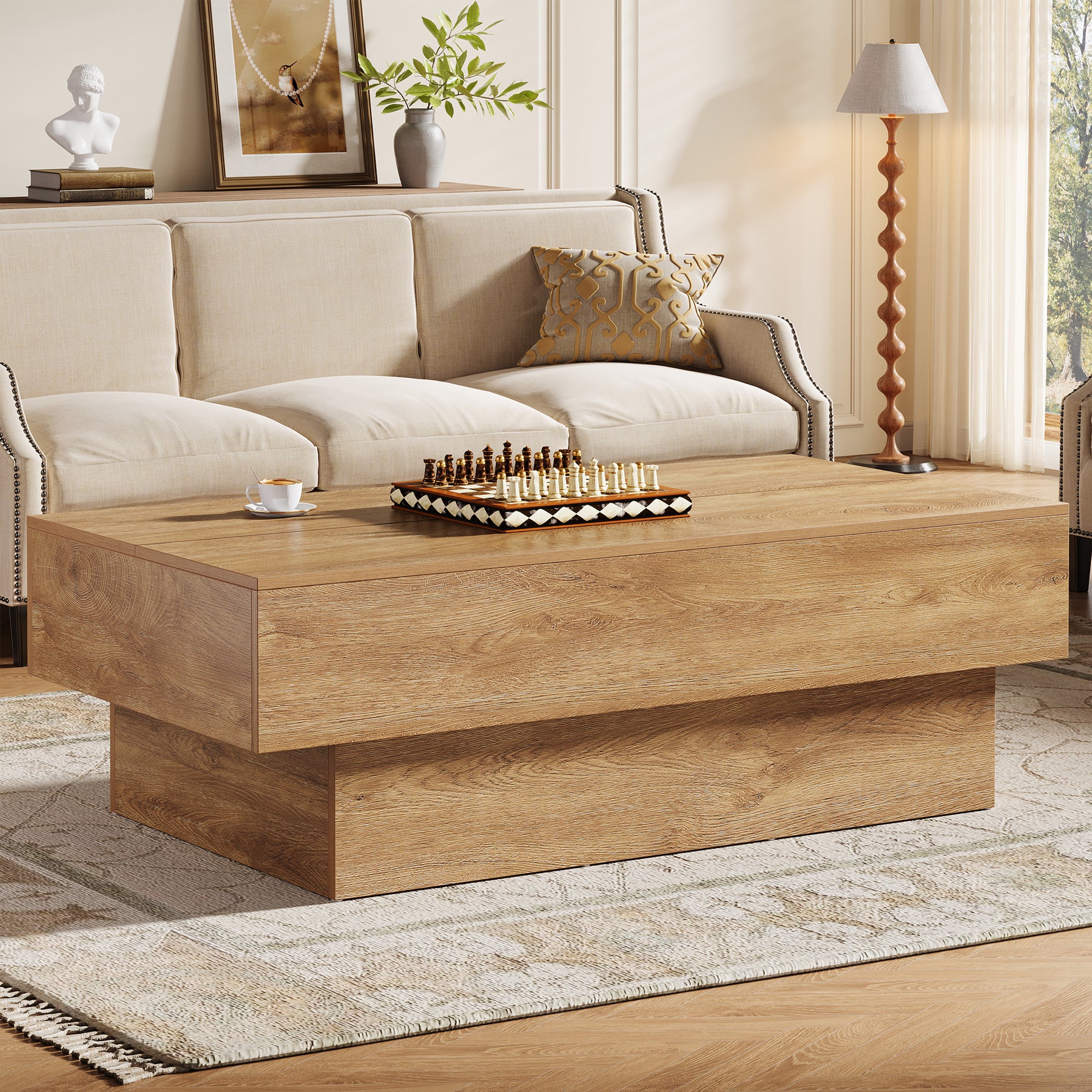 55" Coffee Table, Farmhouse Center Table Tea Table with Sturdy Pedestal