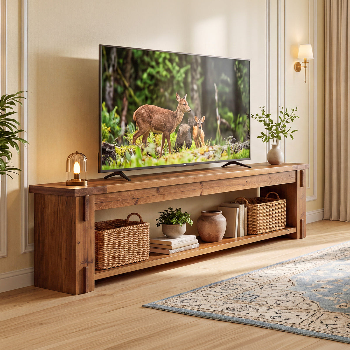 71" Farmhouse Solid Wood TV Stand for TVs Up to 75", 2-Tier Open Storage