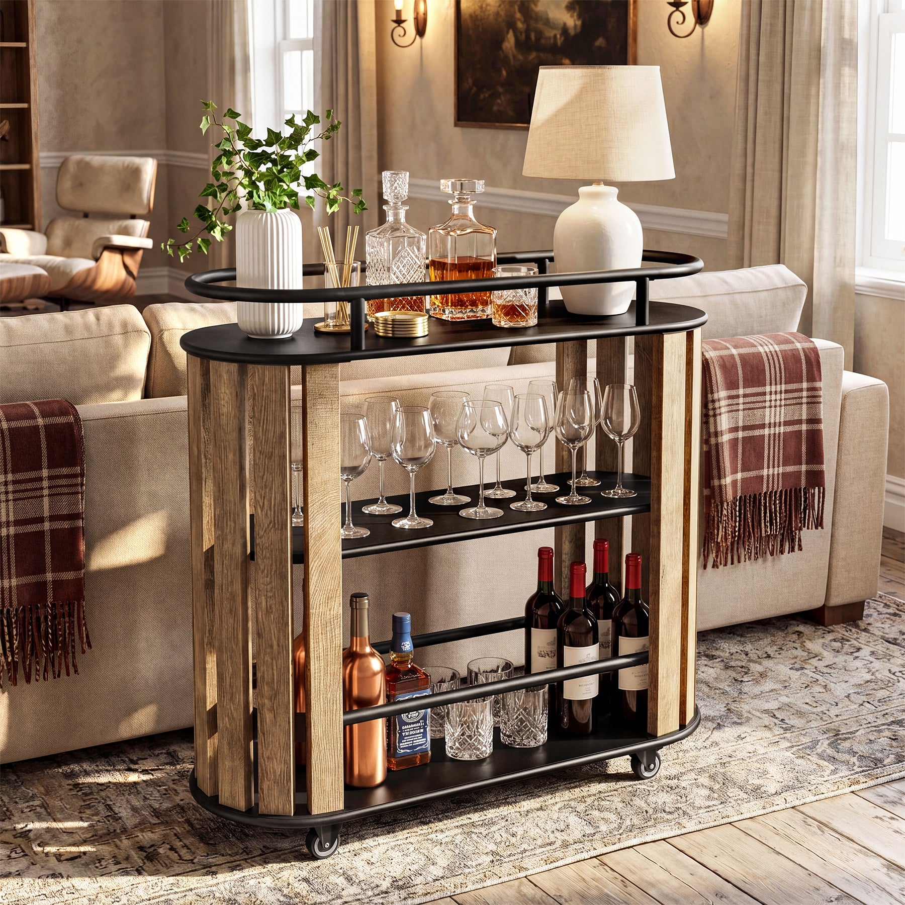 Tribesigns 35.43-Inch 3-Tier Bar Cart with Wheels and Metal Frame, Industrial Rolling Serving Cart for Kitchen