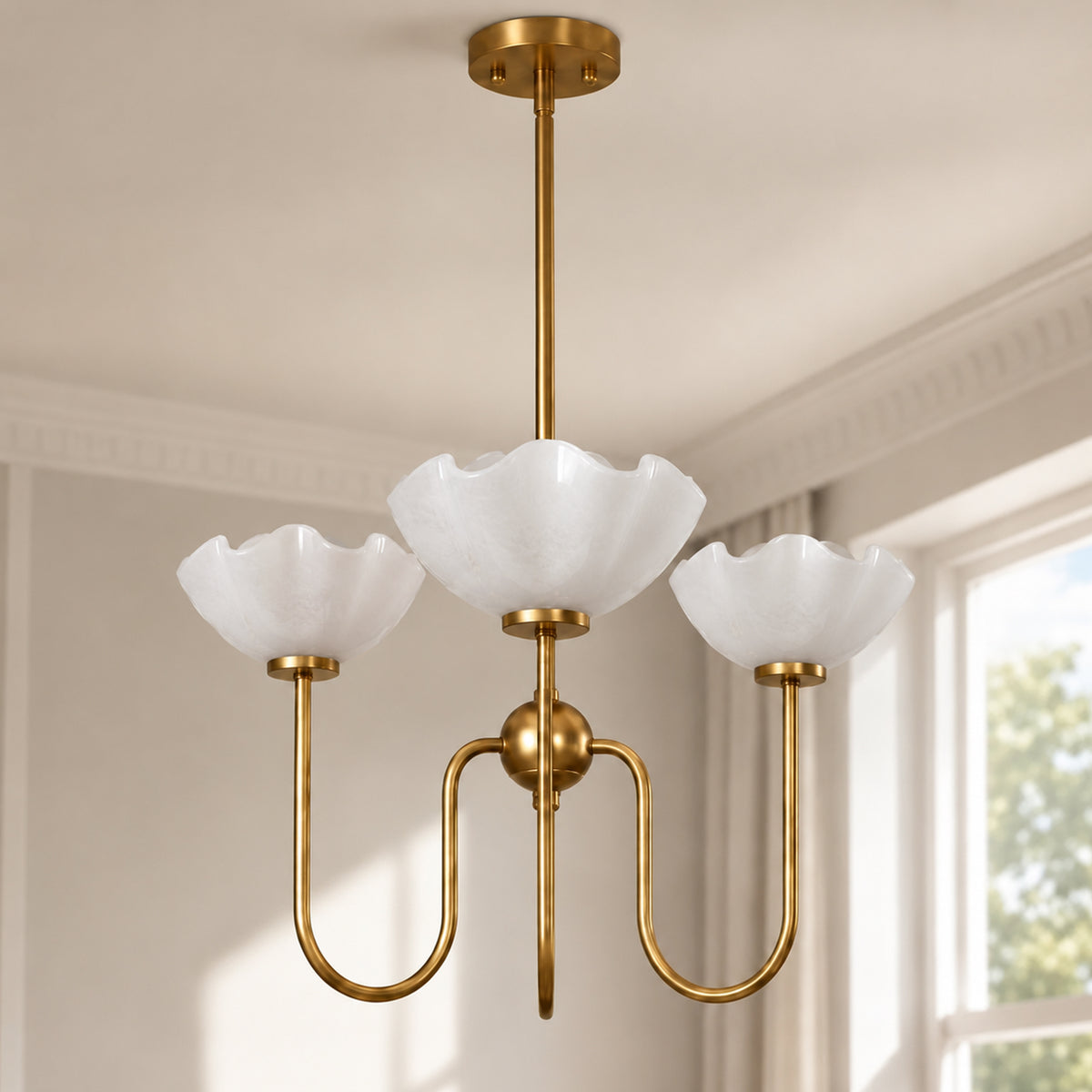 3-Light 20" Gold Floral Glass Chandelier, Modern Pendant Light