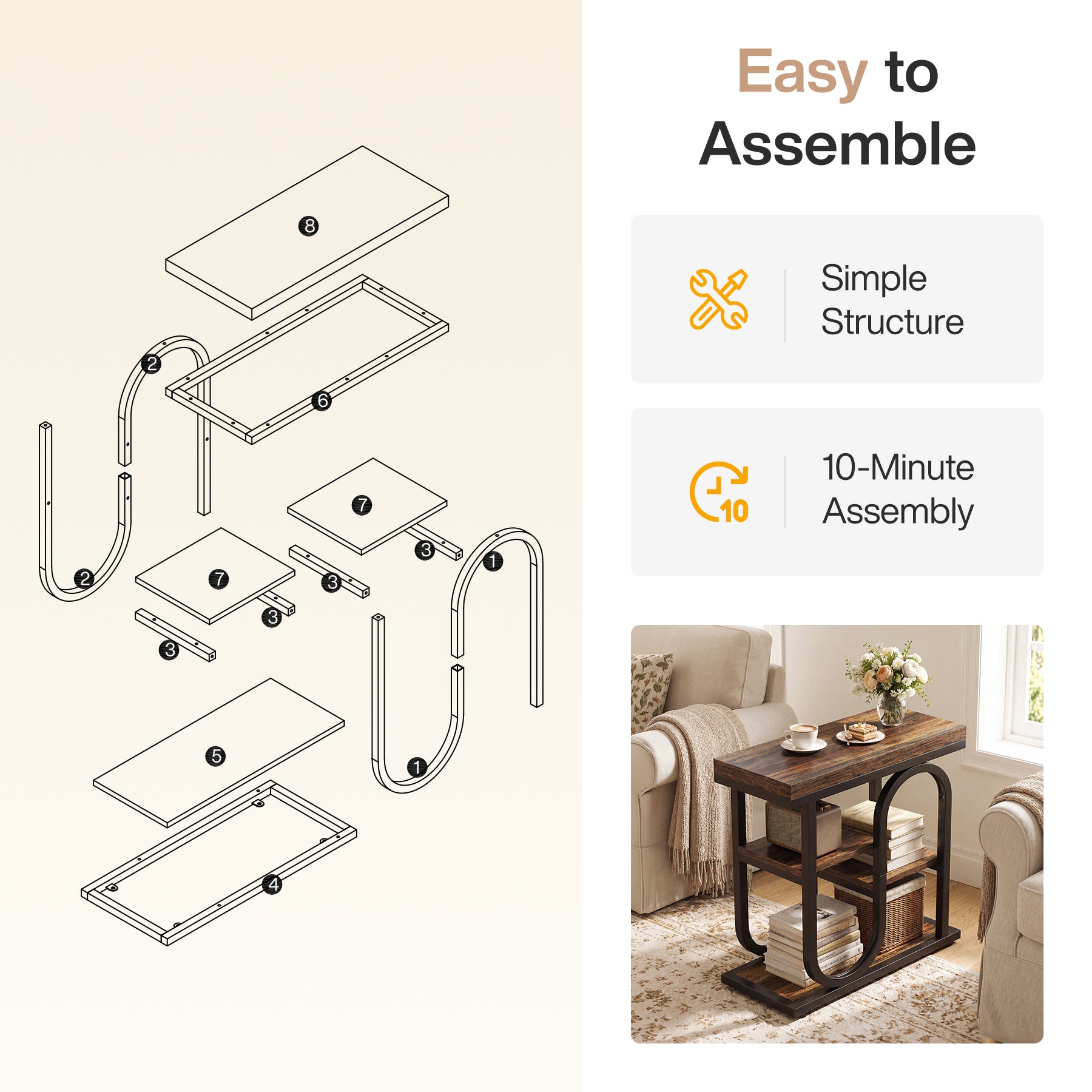 23.6" Narrow End Table, 4-Tier Side Table Nightstand for Living Room