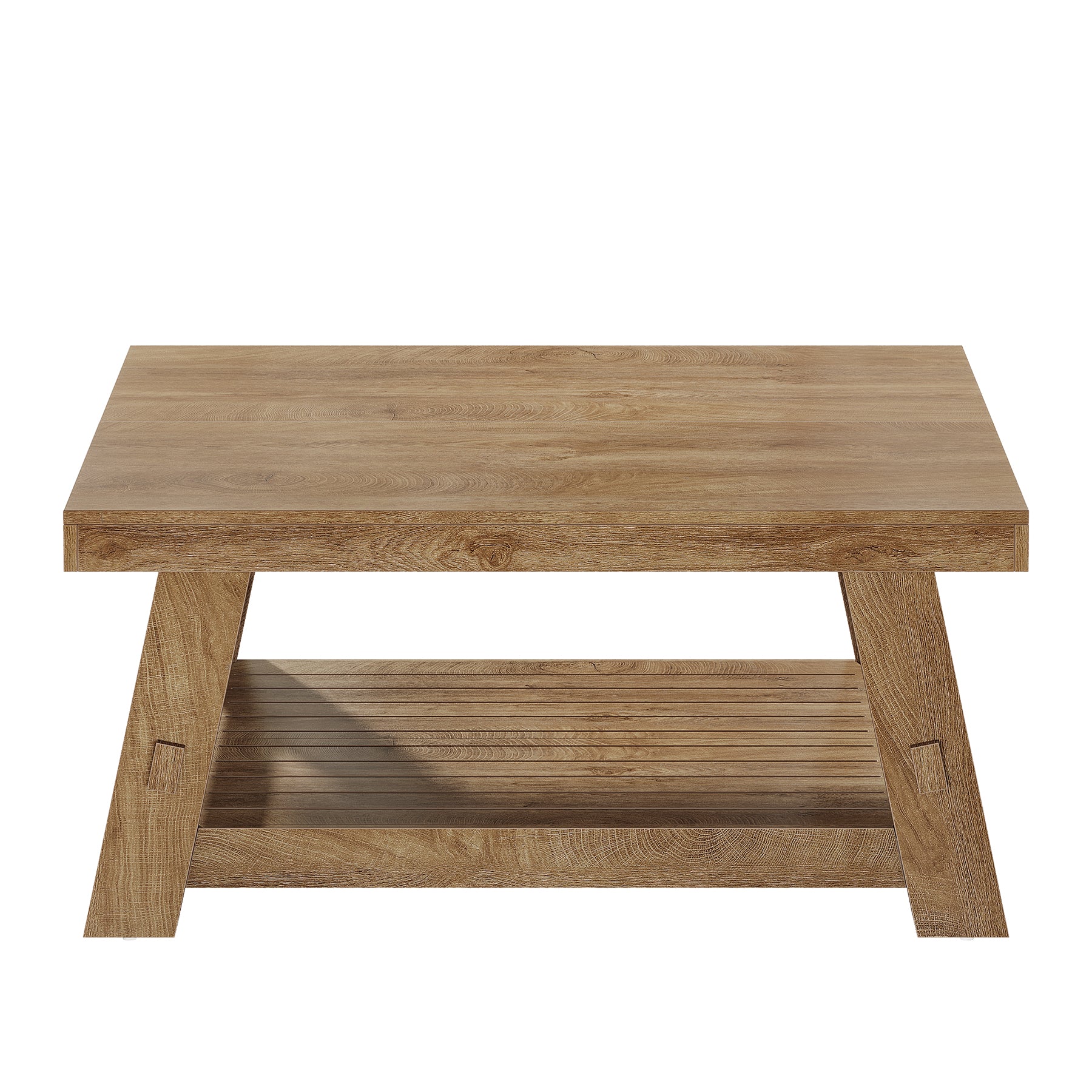 39" Square Coffee Table, 2-Tier Slatted Storage Shelf, Farmhouse Living Room