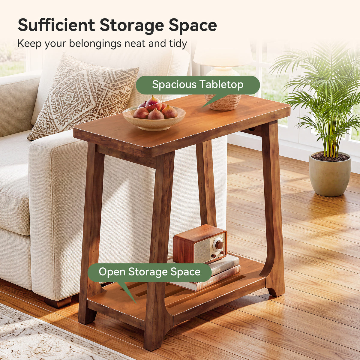 Narrow Solid Pine Wood Side Table, 2-Tier Rectangular End Table with Storage