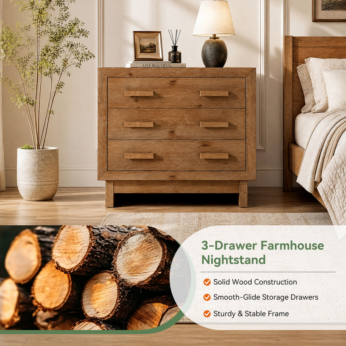 31.5” Solid Wood Nightstand, Oversized Bedside Table with 3 Large Drawers for Bedroom