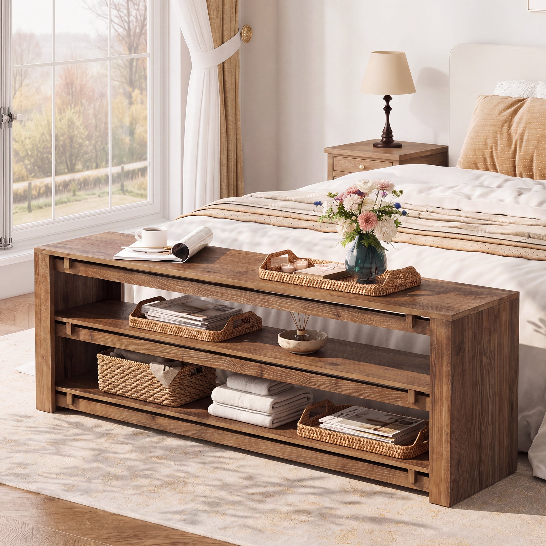 63" Solid Wood Entryway Bench with Storage, 3-Tier Shoe Bench for Hallway, Bedroom