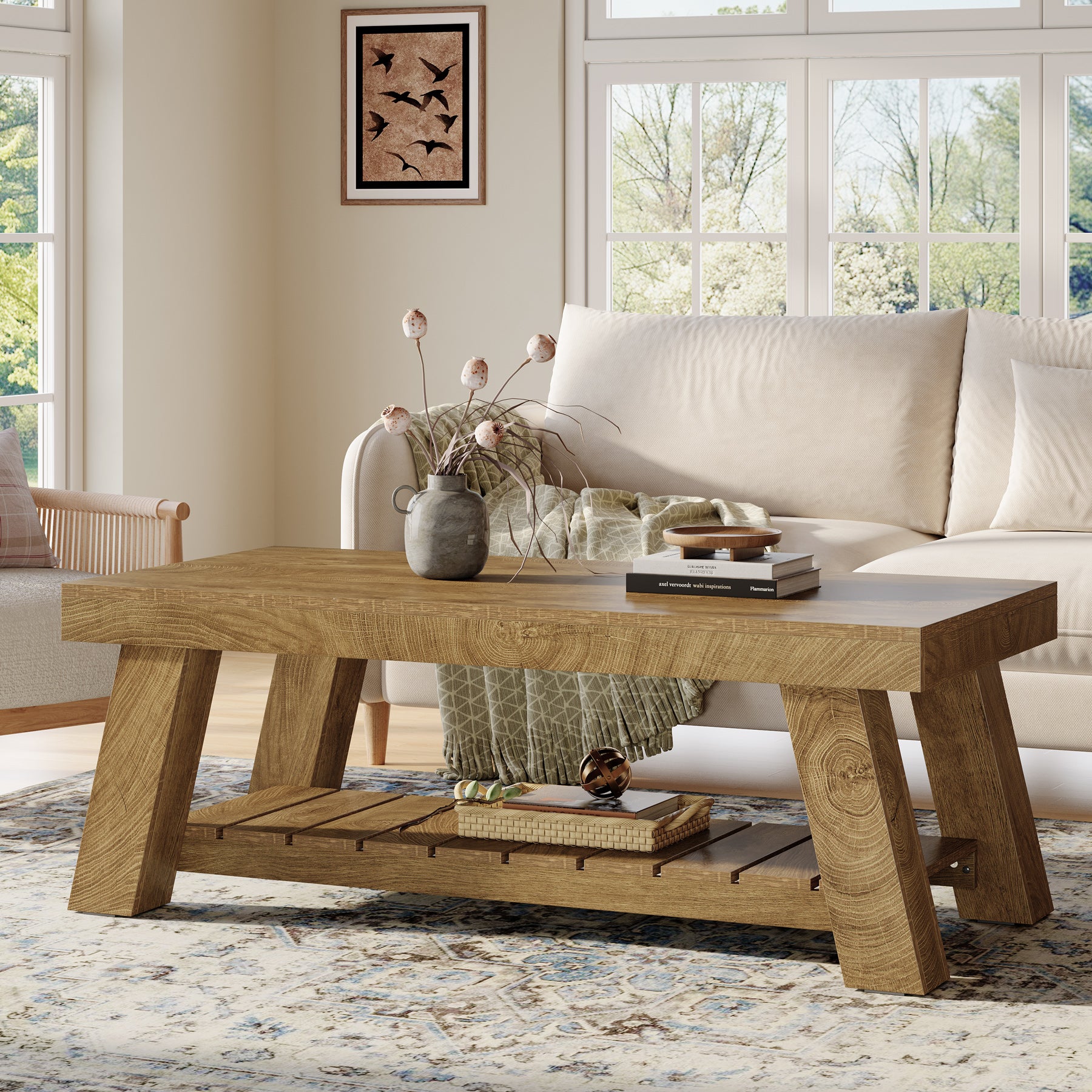 Rectangular Coffee Table, 47.24" Farmhouse Center Table with 2-Tier Storage