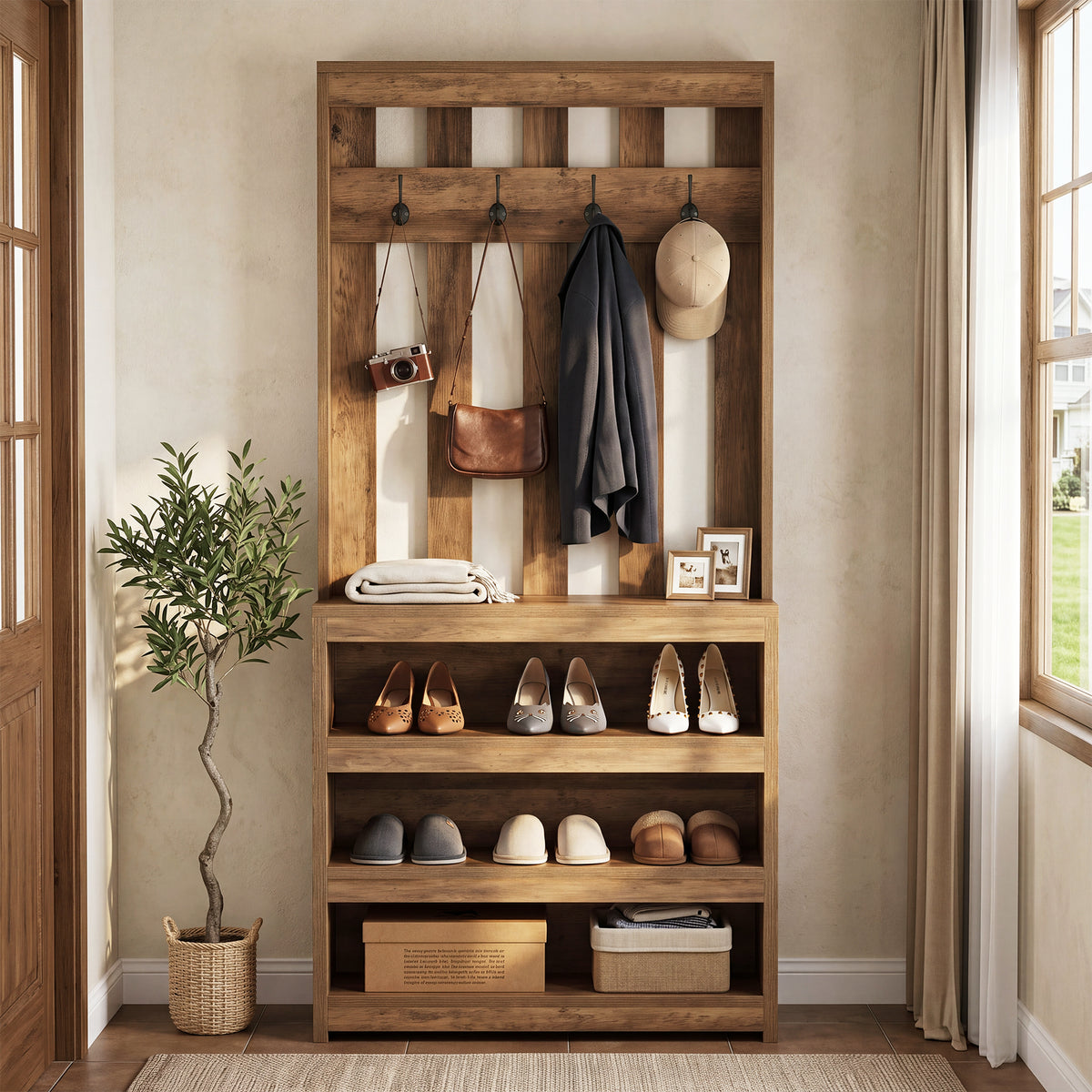 71" Room Divider with Shelves, Farmhouse Wall Partition With 4 Hook for Living Room, Foyer