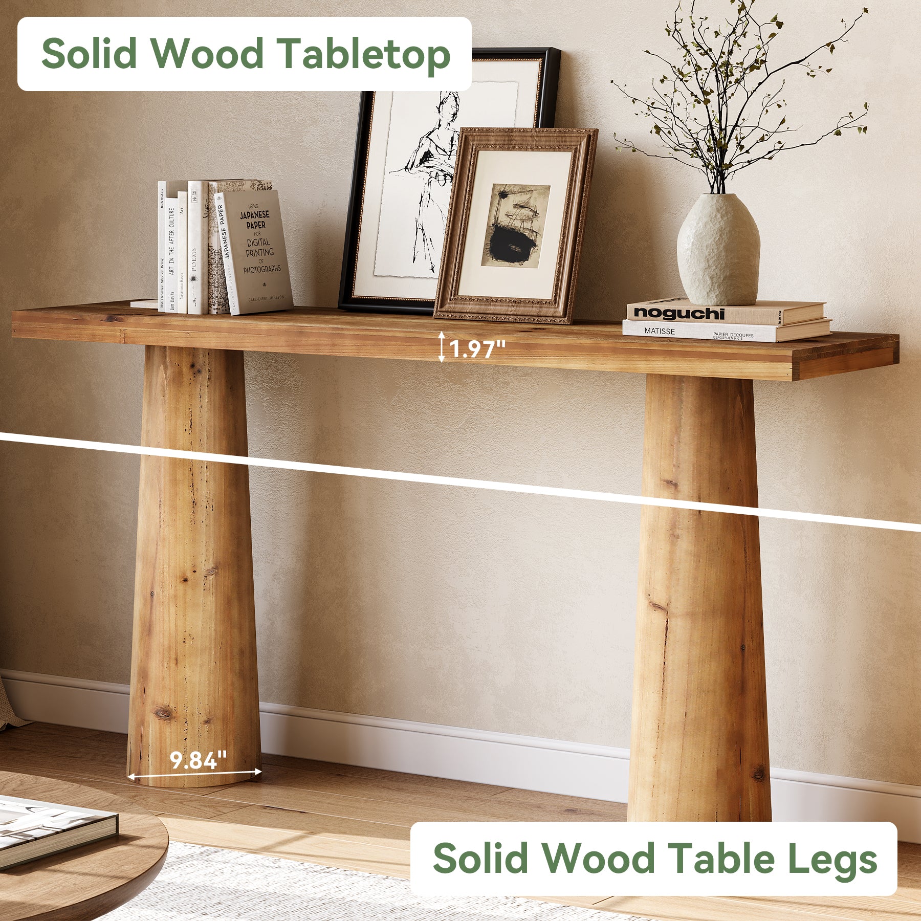 63" Solid Wood Console Table, Farmhouse Entryway Table with Cylindrical Legs
