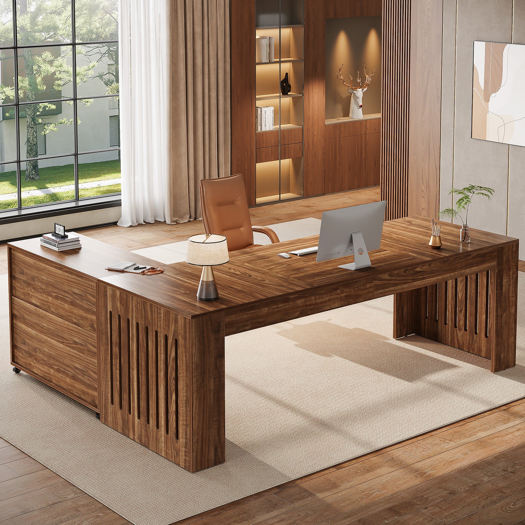 L-Shaped Executive Desk, 70.86" Computer Office Desk with 39.37" Mobile File Cabinet