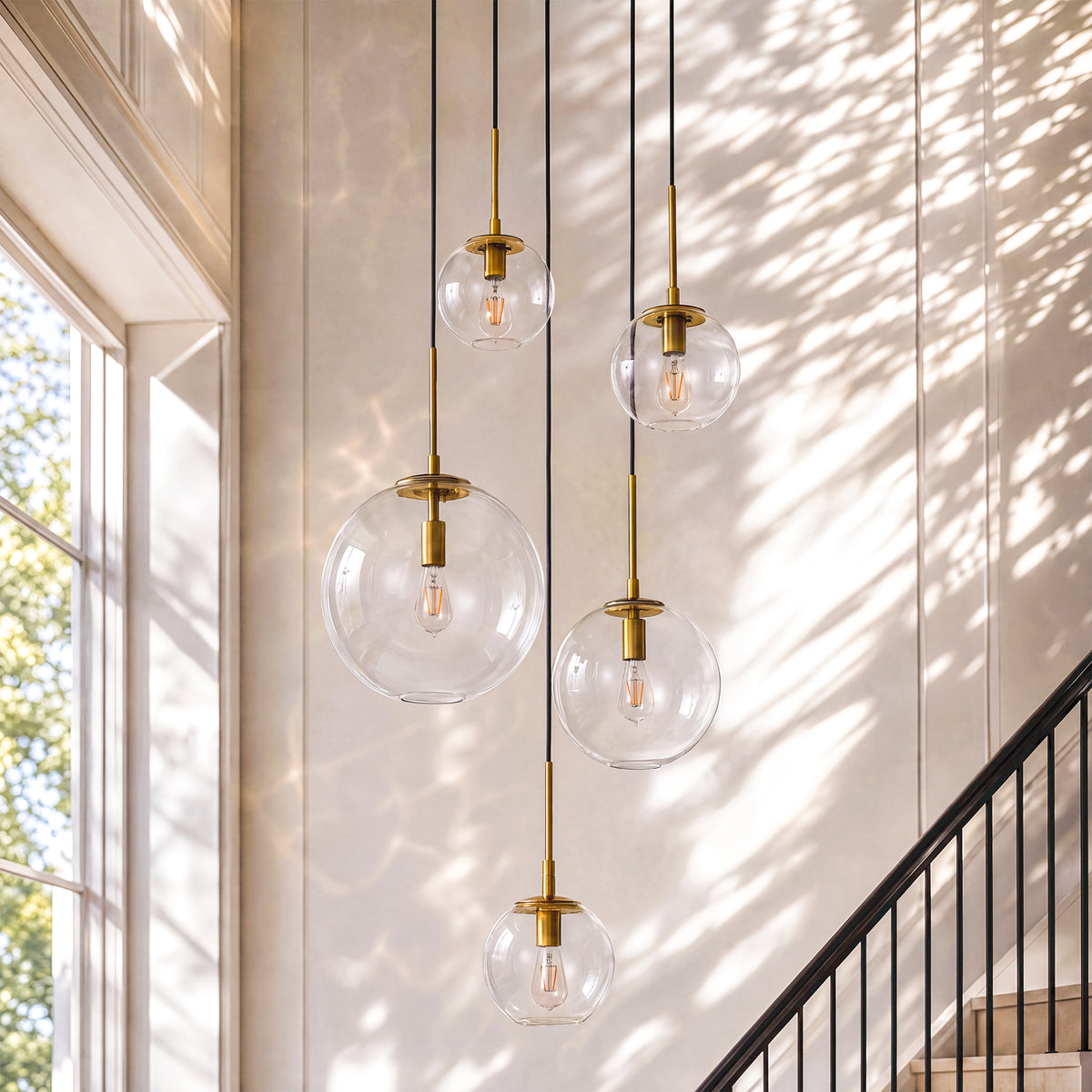 5-Light Modern Globe Pendant Light, Gold Chandelier with Adjustable Cords
